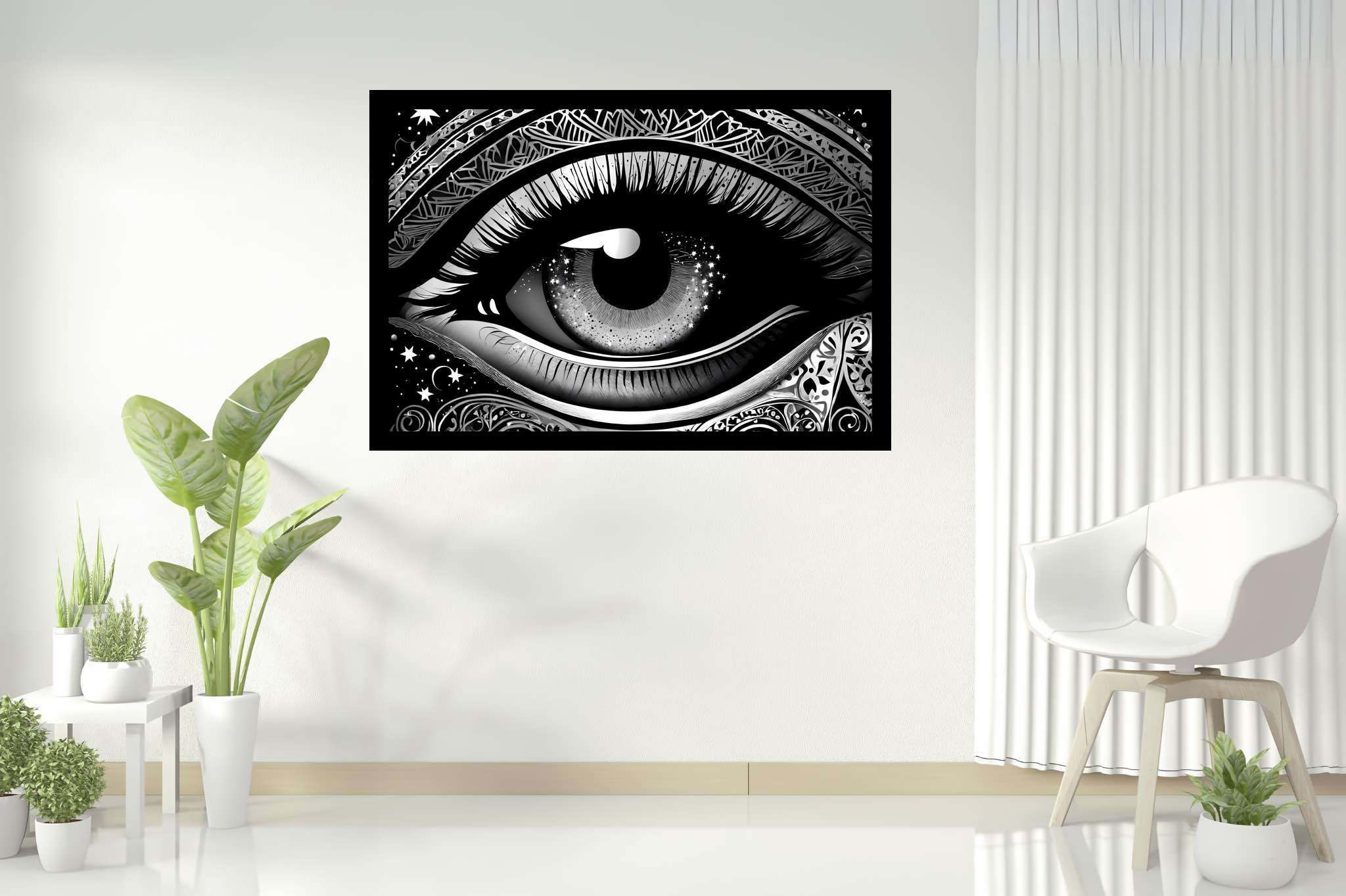 Stargazer's glimpse: Star-filled eye art with star-filled eye art, in a room with elegant layout, digital art pieces, and stylish accessories. The art can be printed on poster, framed poster, canvas, metal, acrylic or wood, exclusively at WallArtZen. Find this exact print at https://wallartzen.com/waz183