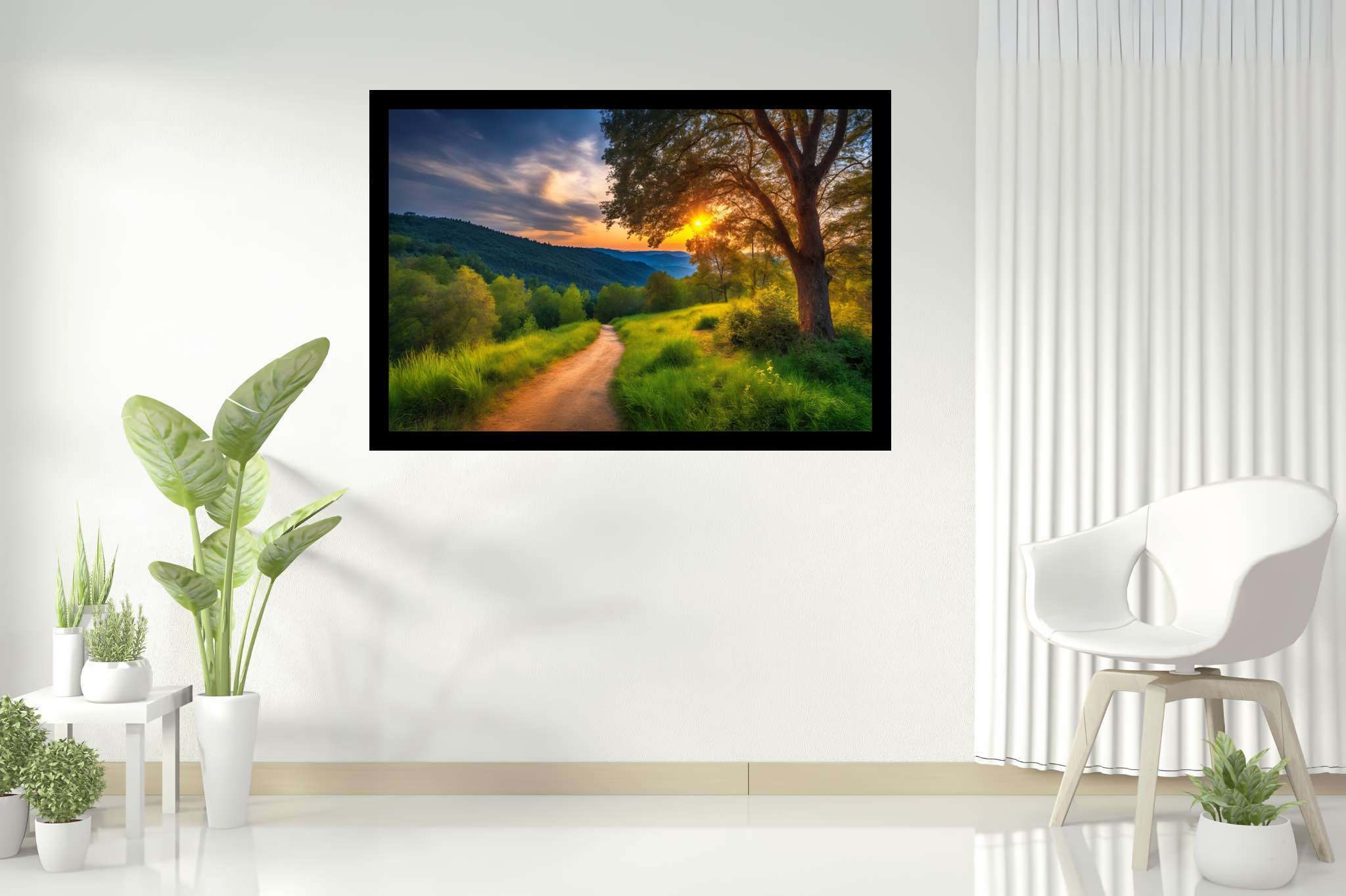 Sunset's serenade to silence: Serene art with zen-inspired art, in a room with artistic style, mural artworks, and decorative pieces. The art can be printed on poster, framed poster, canvas, metal, acrylic or wood, exclusively at WallArtZen. Find this exact print at https://wallartzen.com/waz184