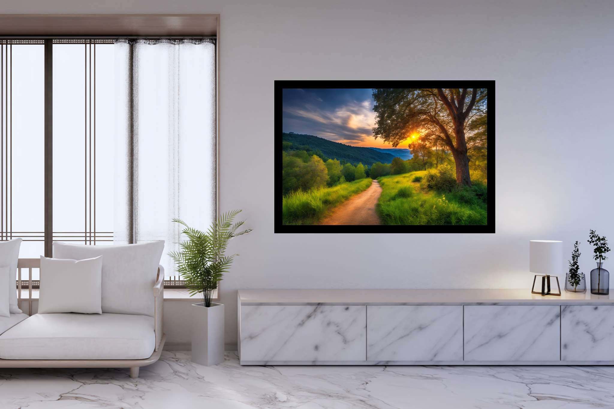 Sunset's serenade to silence: Serene art with soothing aesthetics, in a room with elegant layout, abstract paintings, and stylish accessories. The art can be printed on poster, framed poster, canvas, metal, acrylic or wood, exclusively at WallArtZen. Find this exact print at https://wallartzen.com/waz184
