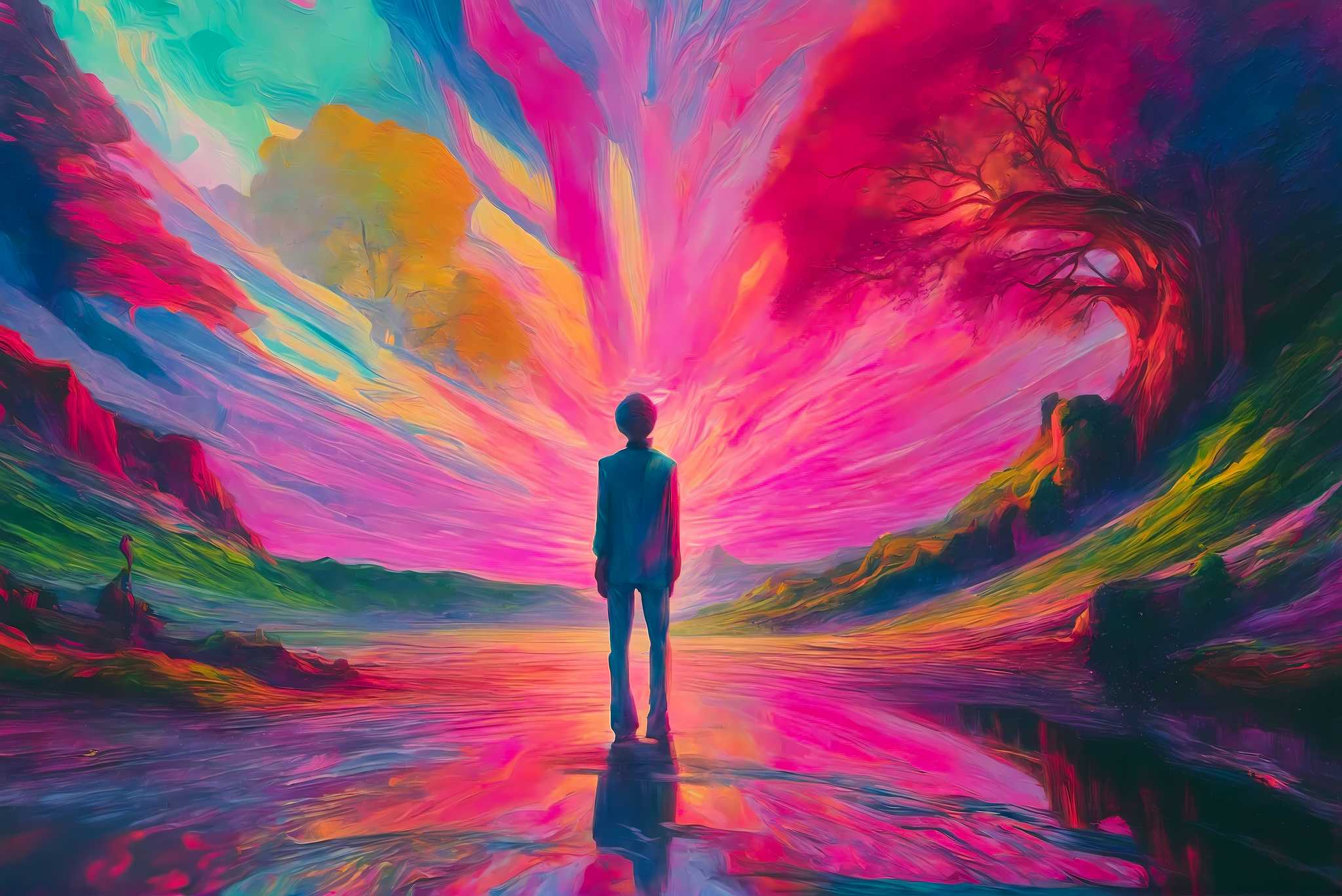 Chasing aurora's embrace: Surreal landscape art with whimsical surrealism, in a room with classic elegance, canvas prints, and home furnishings. The art can be printed on poster, framed poster, canvas, metal, acrylic or wood, exclusively at WallArtZen. Find this exact print at https://wallartzen.com/waz185