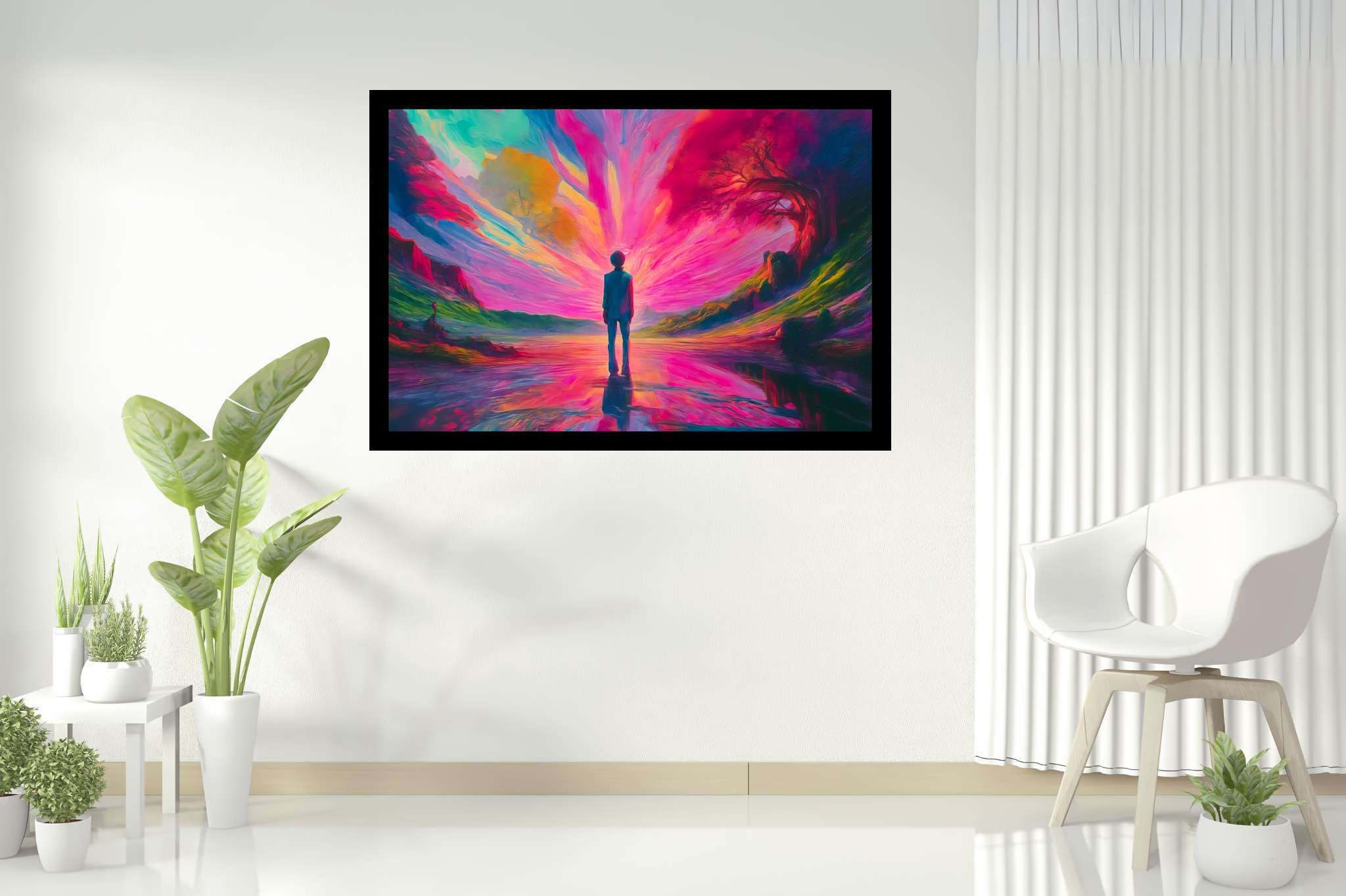 Chasing aurora's embrace: Surreal landscape art with surrealistic nature art, in a room with chic decor, framed art, and elegant home goods. The art can be printed on poster, framed poster, canvas, metal, acrylic or wood, exclusively at WallArtZen. Find this exact print at https://wallartzen.com/waz185