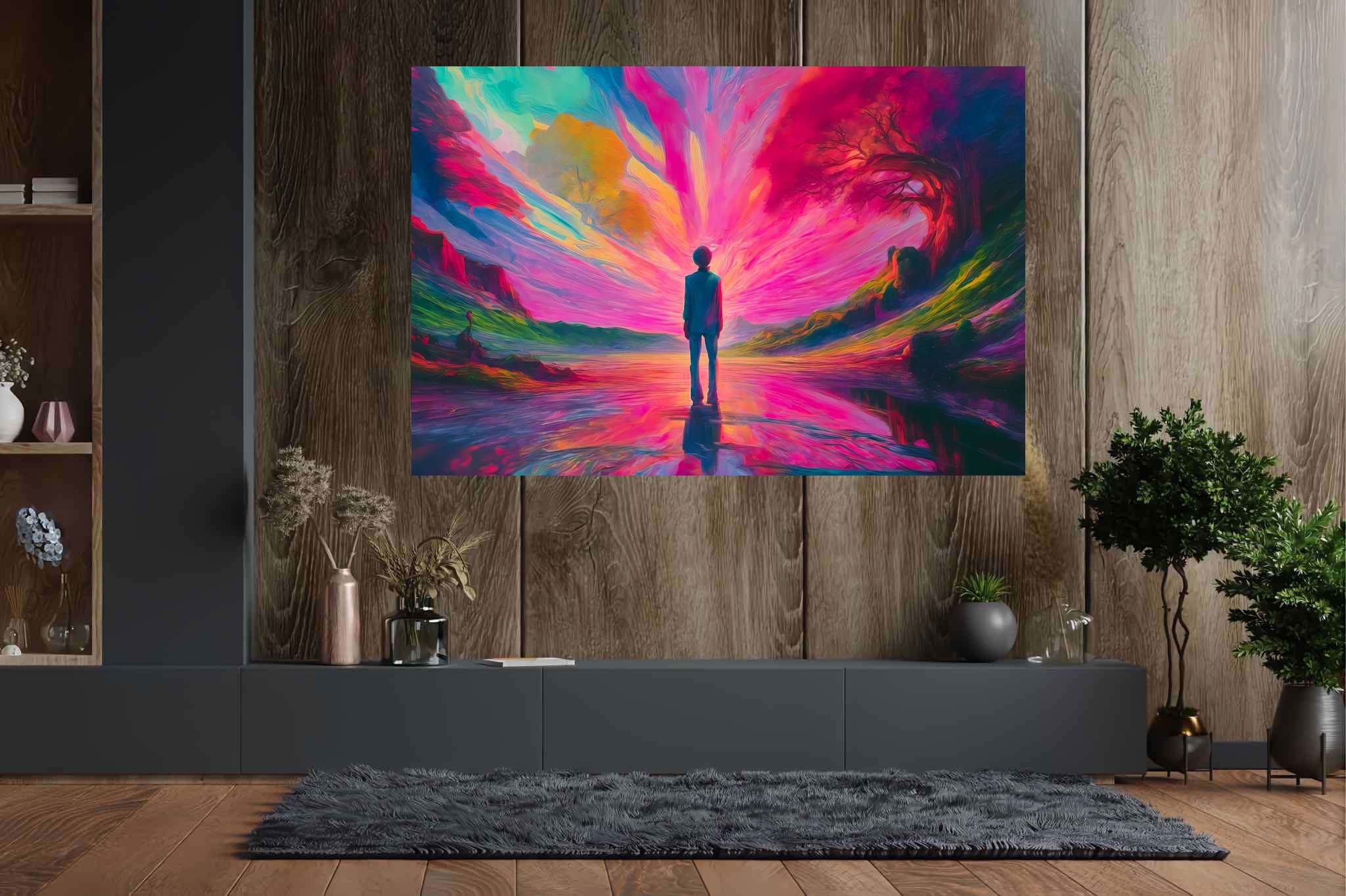 Chasing aurora's embrace: Surreal landscape art with mysterious dream environments, in a room with classic elegance, canvas prints, and trendy home accents. The art can be printed on poster, framed poster, canvas, metal, acrylic or wood, exclusively at WallArtZen. Find this exact print at https://wallartzen.com/waz185