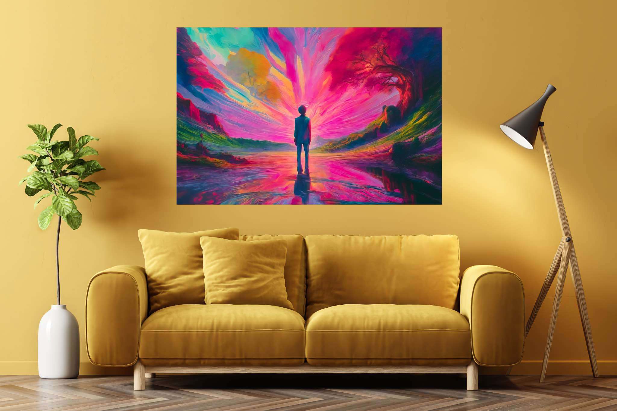 Chasing aurora's embrace: Surreal landscape art with dreamlike fantasy landscapes, in a room with minimalist approach, bespoke art designs, and decorative pieces. The art can be printed on poster, framed poster, canvas, metal, acrylic or wood, exclusively at WallArtZen. Find this exact print at https://wallartzen.com/waz185
