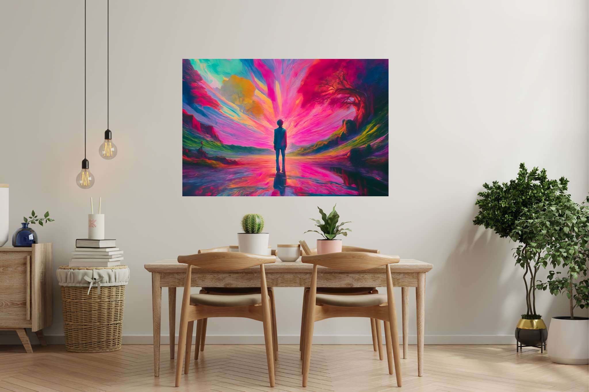 Chasing aurora's embrace: Surreal landscape art with surrealist nature scenes, in a room with innovative layout, wall art, and interior decorations. The art can be printed on poster, framed poster, canvas, metal, acrylic or wood, exclusively at WallArtZen. Find this exact print at https://wallartzen.com/waz185