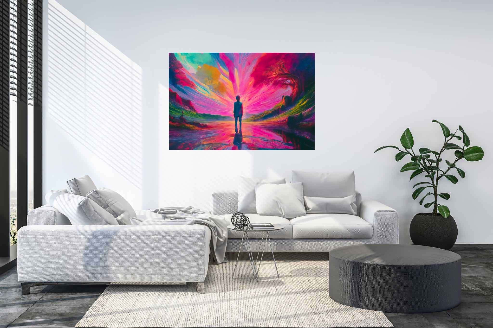 Chasing aurora's embrace: Surreal landscape art with otherworldly landscapes, in a room with artistic style, photographic wall art, and artisan decor. The art can be printed on poster, framed poster, canvas, metal, acrylic or wood, exclusively at WallArtZen. Find this exact print at https://wallartzen.com/waz185