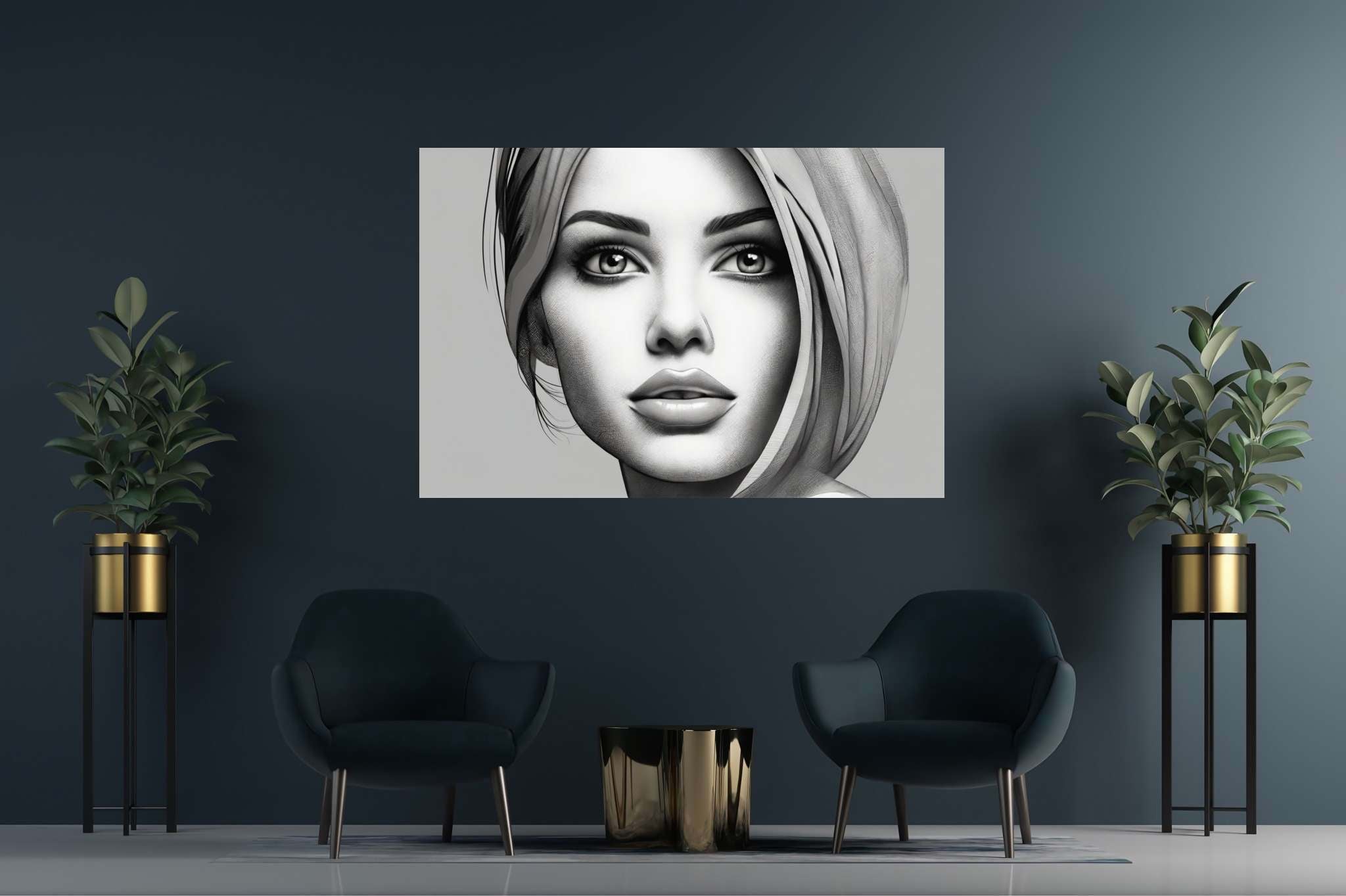 Golden gaze reverie: Blonde portrait art with blonde lady portrait, in a room with elegant layout, bespoke art designs, and home furnishings. The art can be printed on poster, framed poster, canvas, metal, acrylic or wood, exclusively at WallArtZen. Find this exact print at https://wallartzen.com/waz187