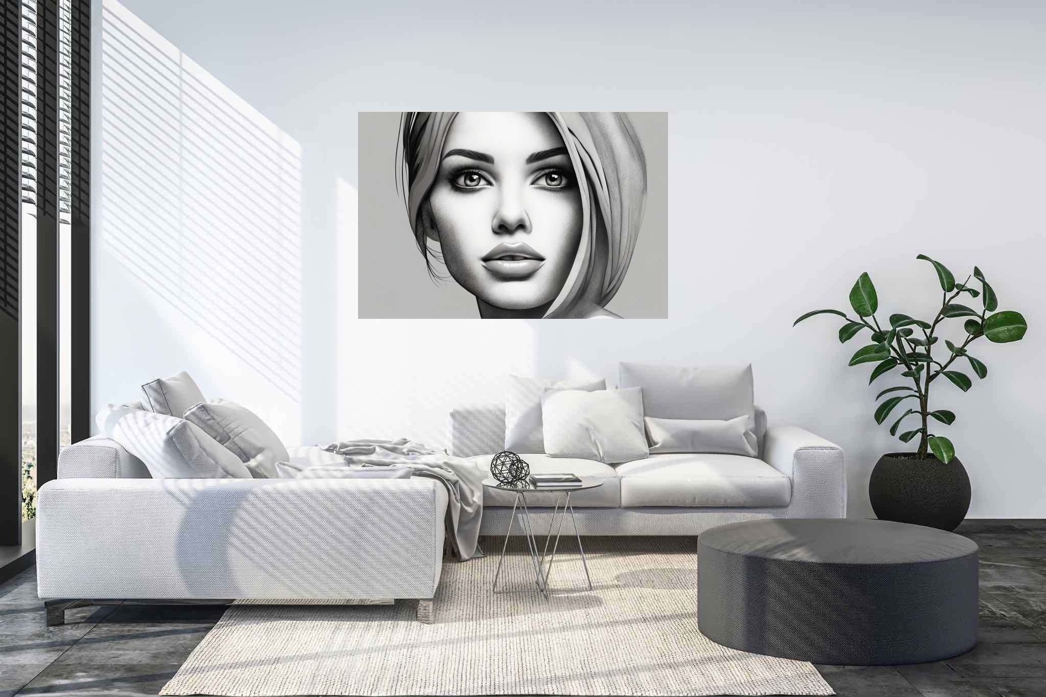 Golden gaze reverie: Blonde portrait art with blonde woman painting, in a room with great design, bespoke art designs, and stylish accessories. The art can be printed on poster, framed poster, canvas, metal, acrylic or wood, exclusively at WallArtZen. Find this exact print at https://wallartzen.com/waz187