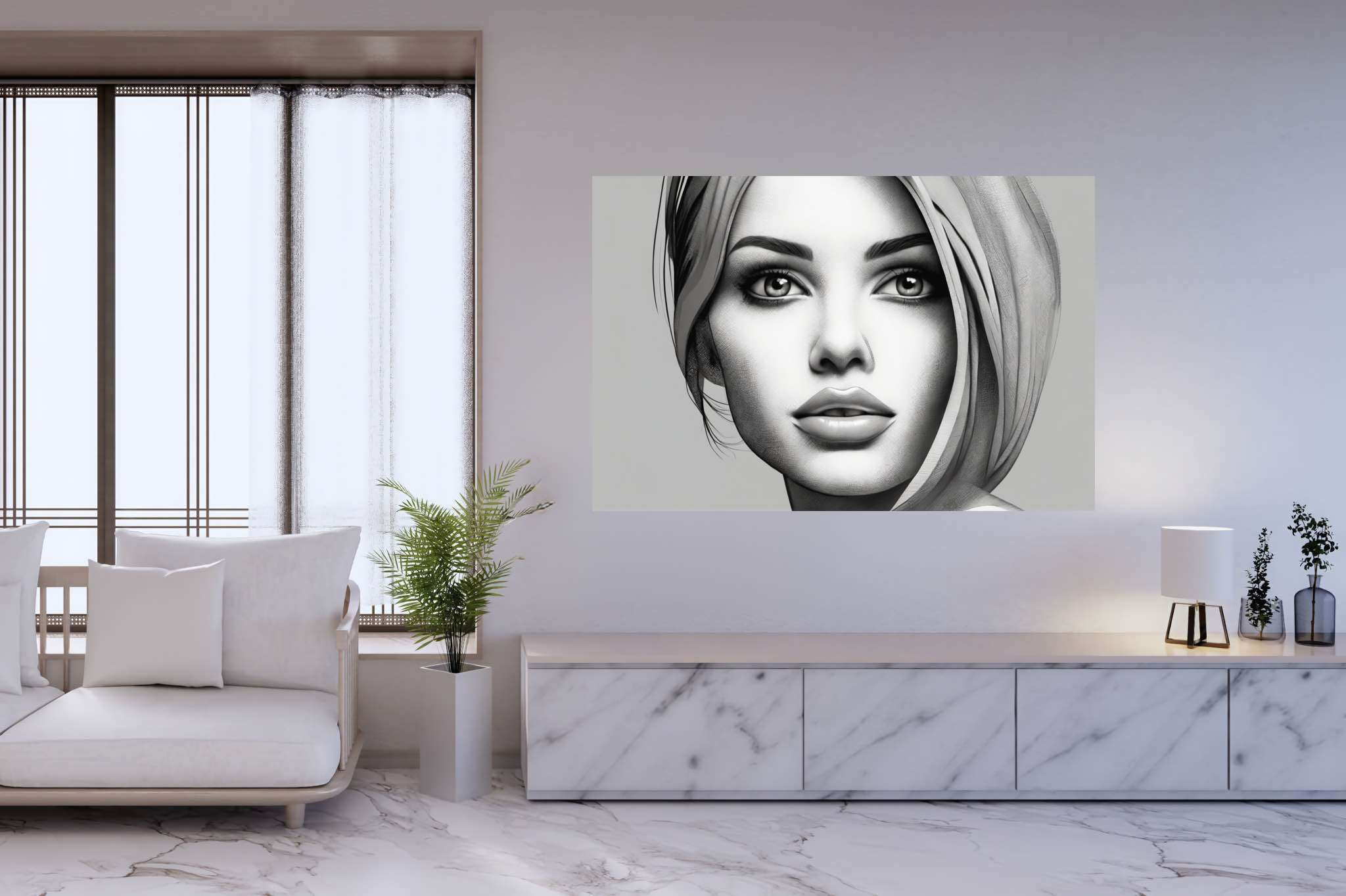 Golden gaze reverie: Blonde portrait art with art with blonde subject, in a room with great design, wall hangings, and luxe decor. The art can be printed on poster, framed poster, canvas, metal, acrylic or wood, exclusively at WallArtZen. Find this exact print at https://wallartzen.com/waz187
