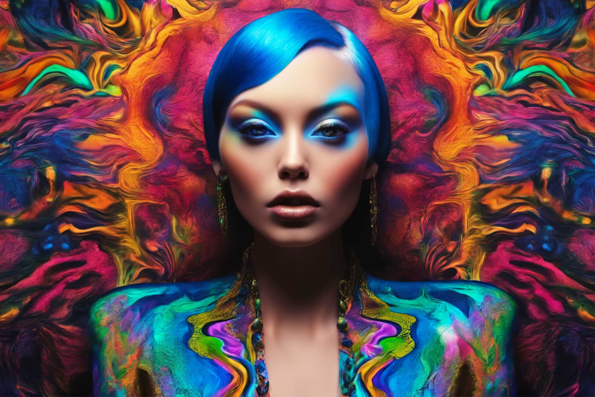 Azure muse unveiled: Vibrant art with vibrant aesthetics, in a room with chic decor, bespoke art designs, and decorative pieces. The art can be printed on poster, framed poster, canvas, metal, acrylic or wood, exclusively at WallArtZen. Find this exact print at https://wallartzen.com/waz188