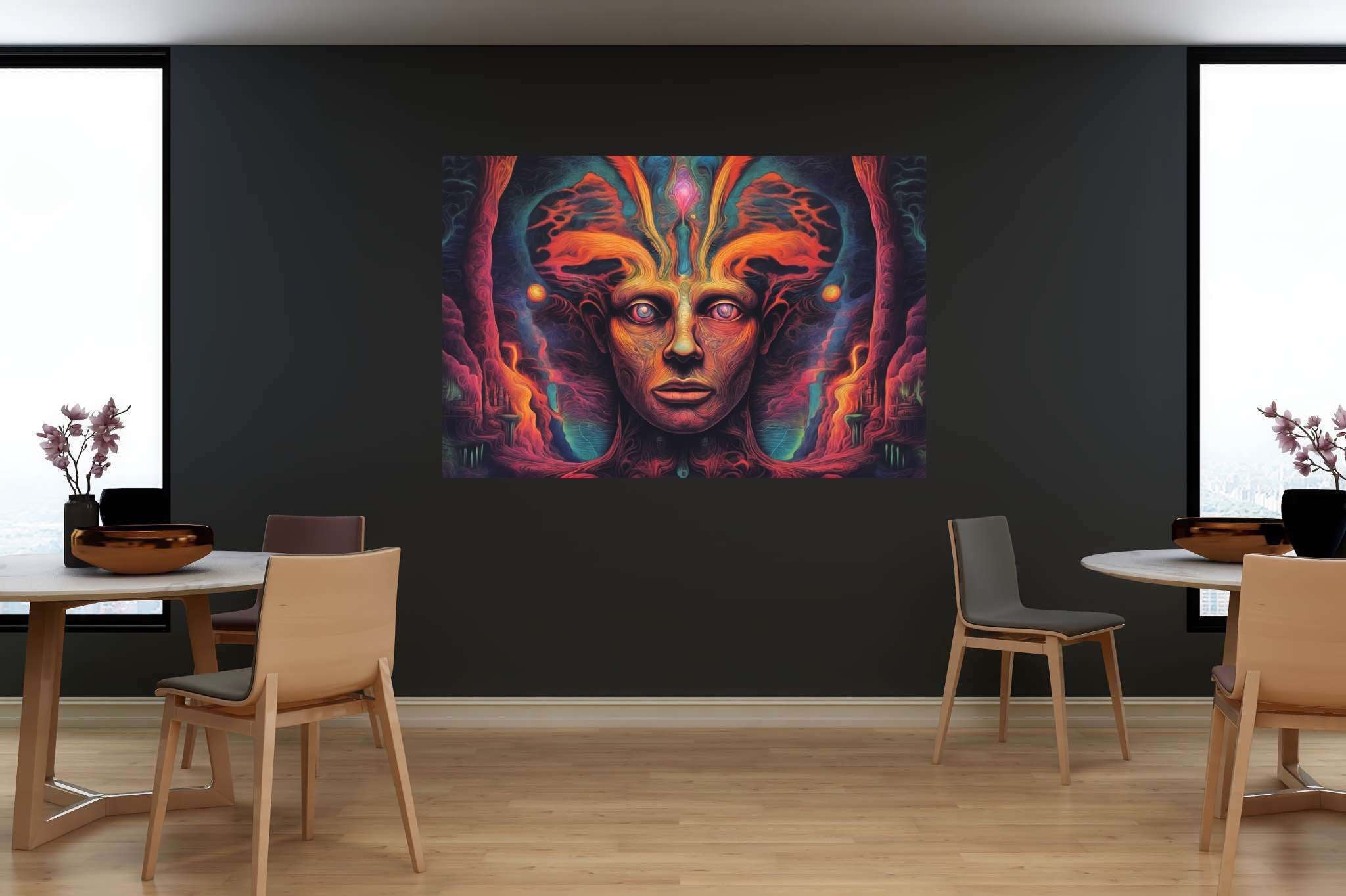 Chromatic reverie: Vibrant surreal art with vibrant paintings, in a room with artistic style, digital art pieces, and trendy home accents. The art can be printed on poster, framed poster, canvas, metal, acrylic or wood, exclusively at WallArtZen. Find this exact print at https://wallartzen.com/waz189