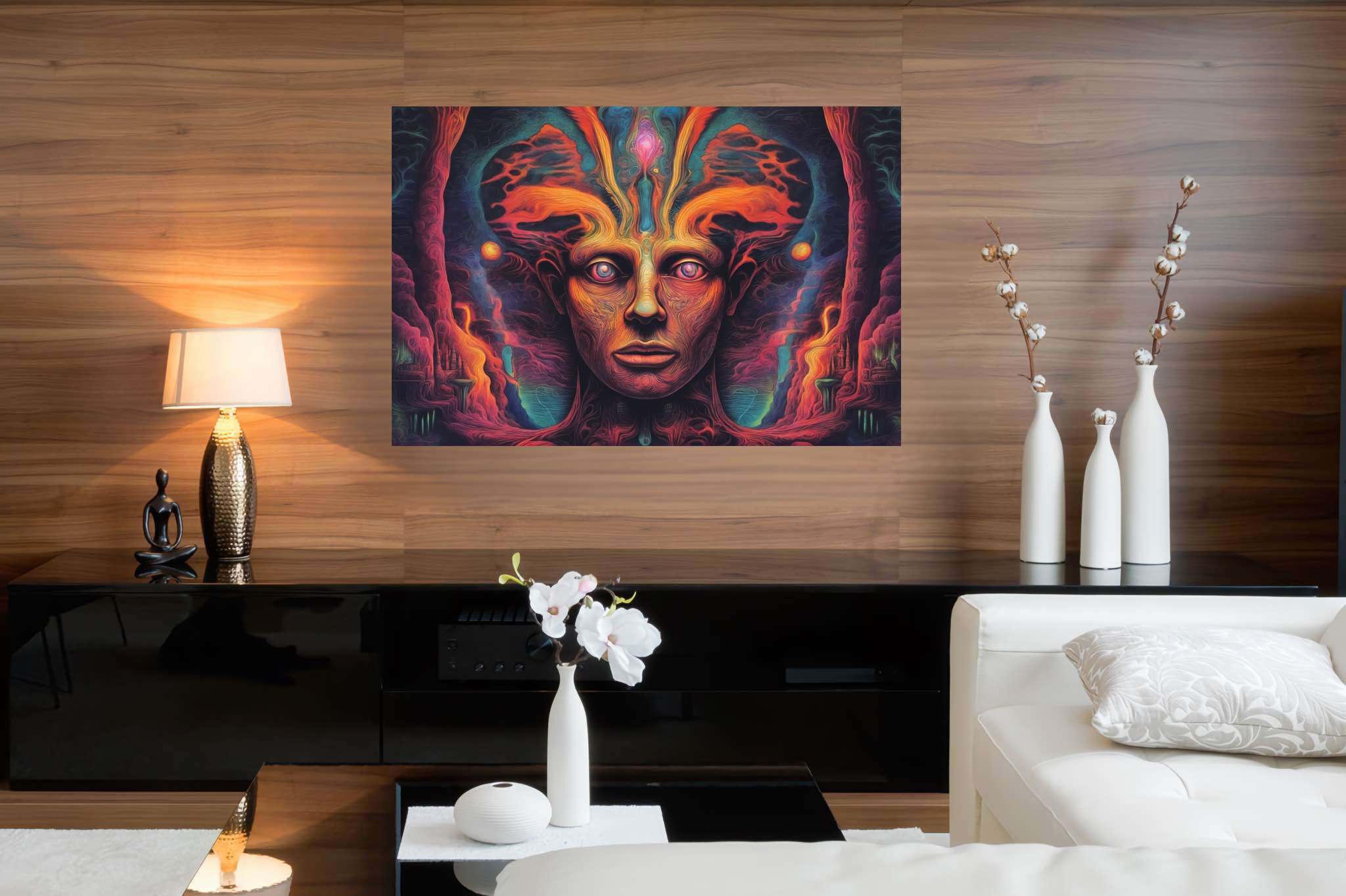 Chromatic reverie: Vibrant surreal art with dreamlike art, in a room with artistic style, digital art pieces, and home styling items. The art can be printed on poster, framed poster, canvas, metal, acrylic or wood, exclusively at WallArtZen. Find this exact print at https://wallartzen.com/waz189
