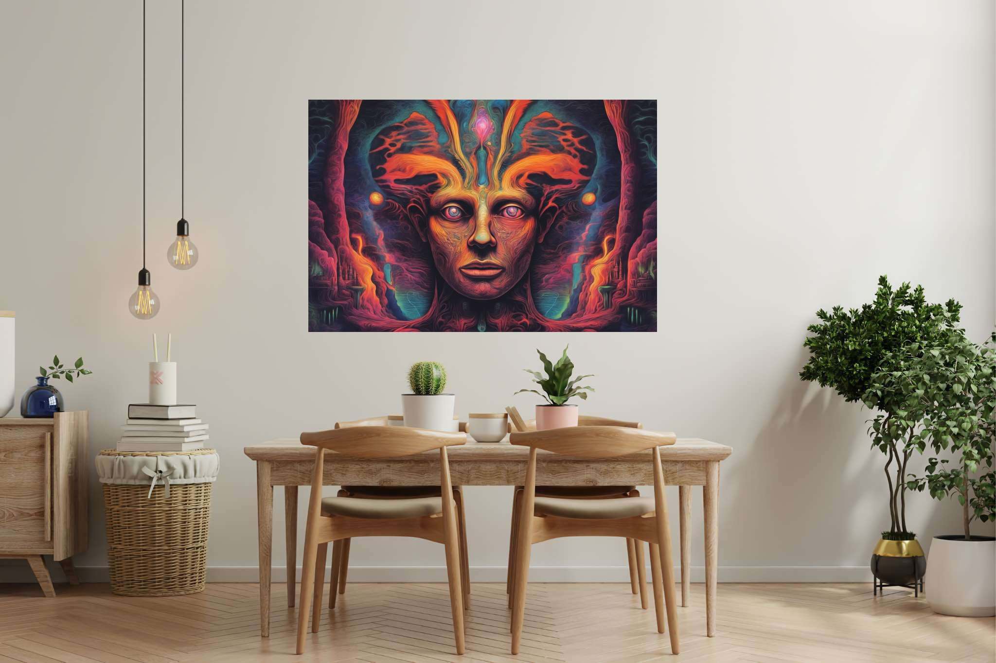 Chromatic reverie: Vibrant surreal art with abstract artwork, in a room with great design, framed art, and home furnishings. The art can be printed on poster, framed poster, canvas, metal, acrylic or wood, exclusively at WallArtZen. Find this exact print at https://wallartzen.com/waz189