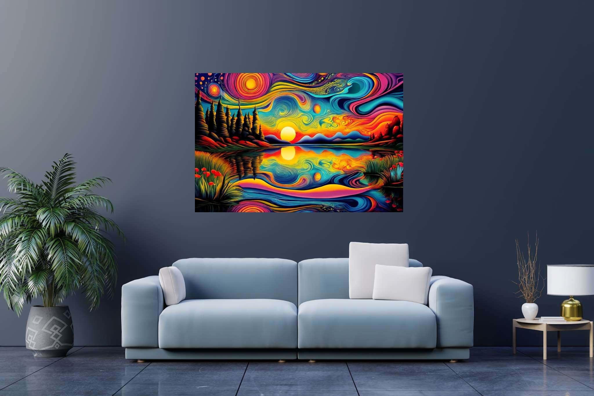 Crimson ballet at dusk: Sunset art with sunset photography, in a room with great design, bespoke art designs, and elegant home goods. The art can be printed on poster, framed poster, canvas, metal, acrylic or wood, exclusively at WallArtZen. Find this exact print at https://wallartzen.com/waz18