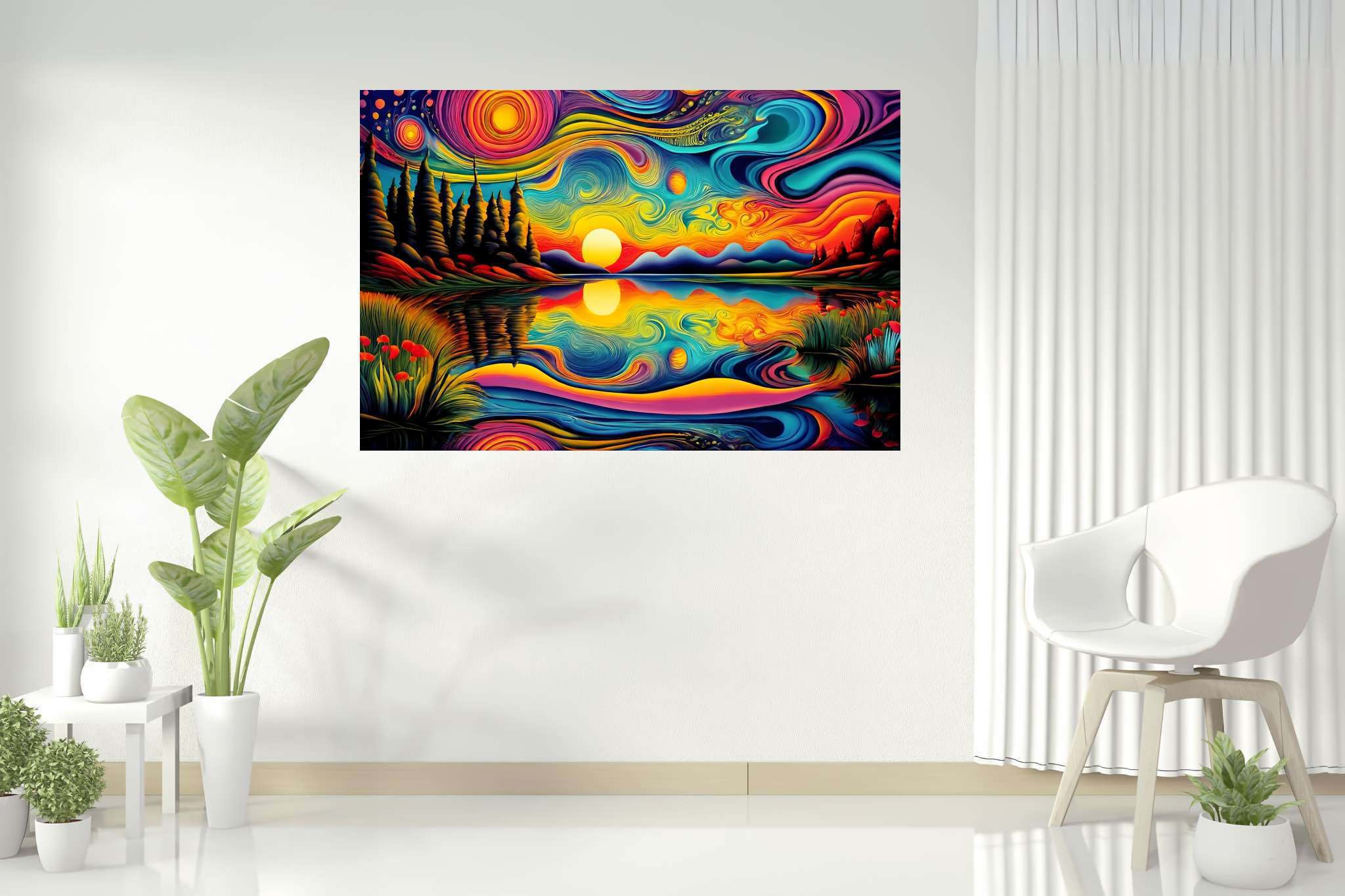 Crimson ballet at dusk: Sunset art with coastal landscape, in a room with classic elegance, canvas prints, and interior decorations. The art can be printed on poster, framed poster, canvas, metal, acrylic or wood, exclusively at WallArtZen. Find this exact print at https://wallartzen.com/waz18