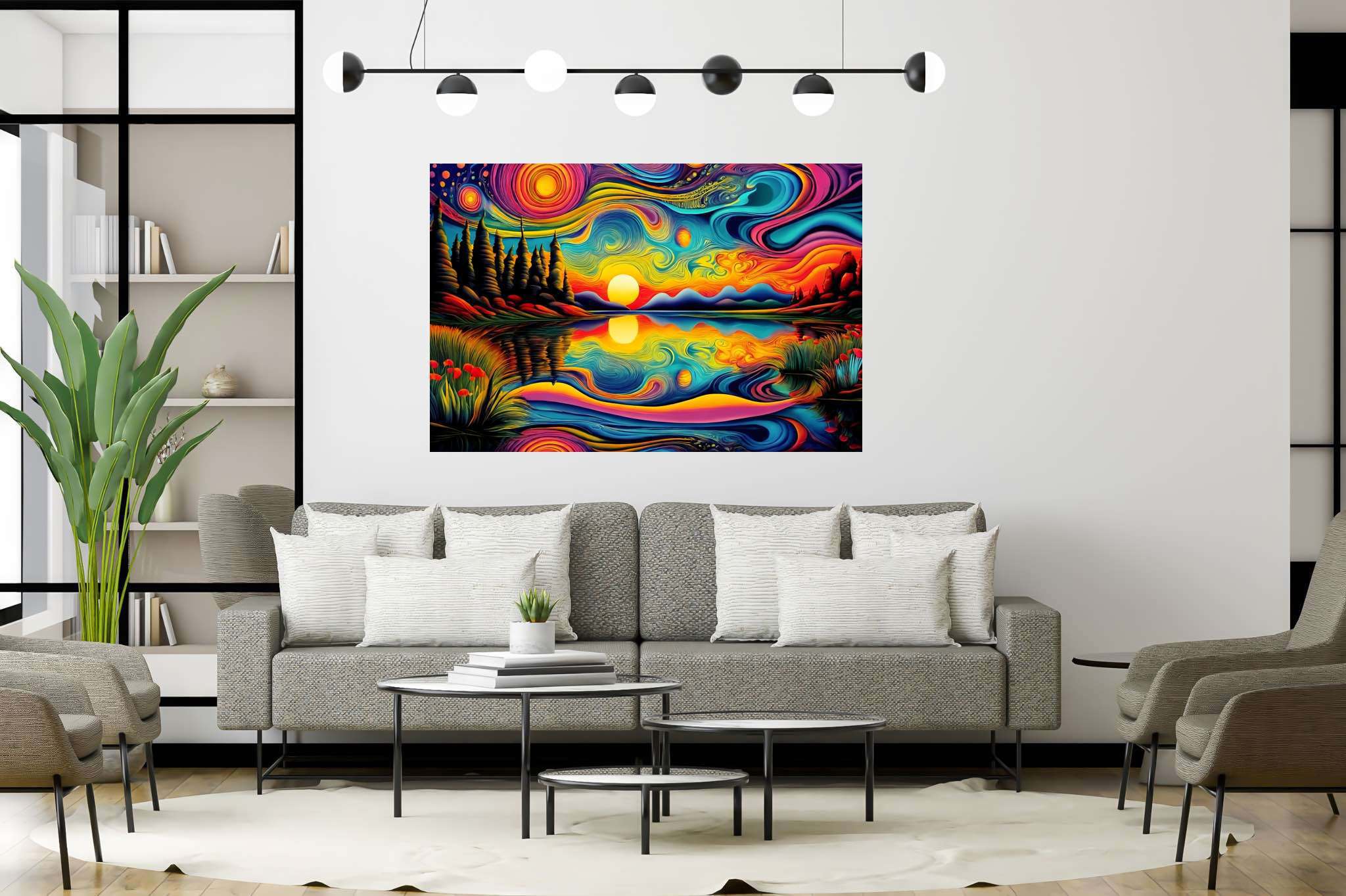 Crimson ballet at dusk: Sunset art with peaceful scenery, in a room with artistic style, bespoke art designs, and elegant home goods. The art can be printed on poster, framed poster, canvas, metal, acrylic or wood, exclusively at WallArtZen. Find this exact print at https://wallartzen.com/waz18