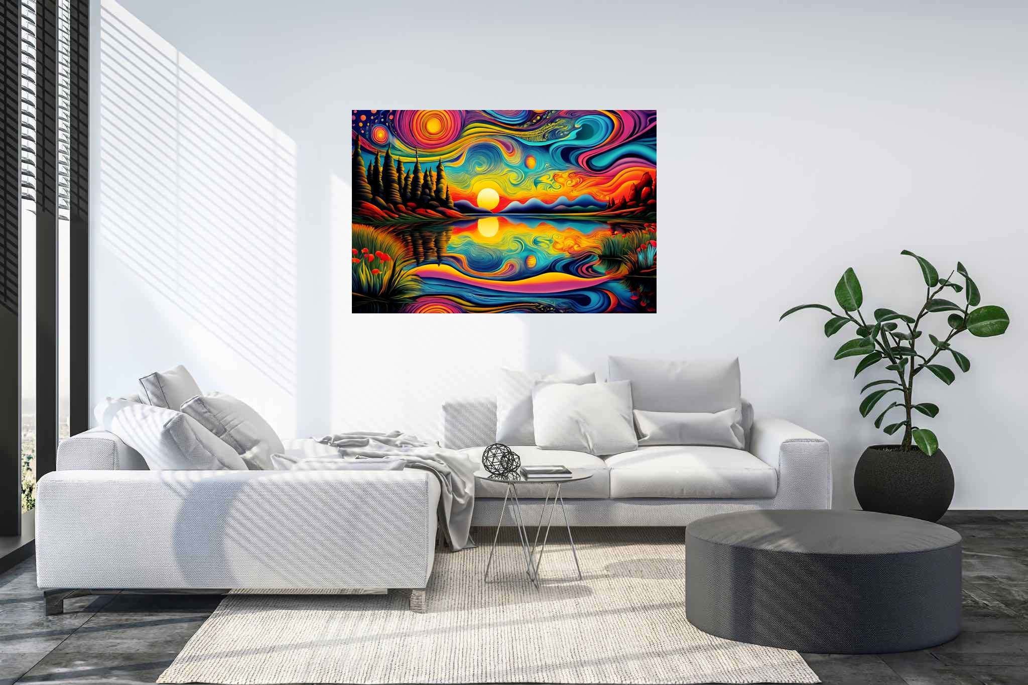 Crimson ballet at dusk: Sunset art with landscape art, in a room with minimalist approach, canvas prints, and stylish accessories. The art can be printed on poster, framed poster, canvas, metal, acrylic or wood, exclusively at WallArtZen. Find this exact print at https://wallartzen.com/waz18