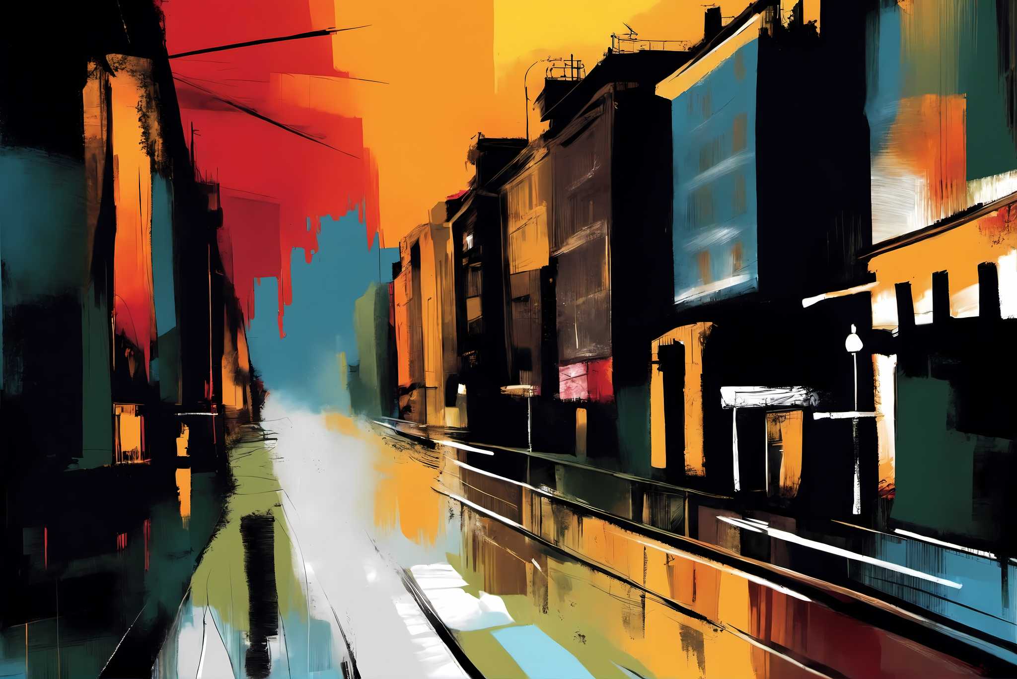 Amber drizzle sonata: Vibrant cityscape art with contemporary cityscape art, in a room with artistic style, wall art, and elegant home goods. The art can be printed on poster, framed poster, canvas, metal, acrylic or wood, exclusively at WallArtZen. Find this exact print at https://wallartzen.com/waz190