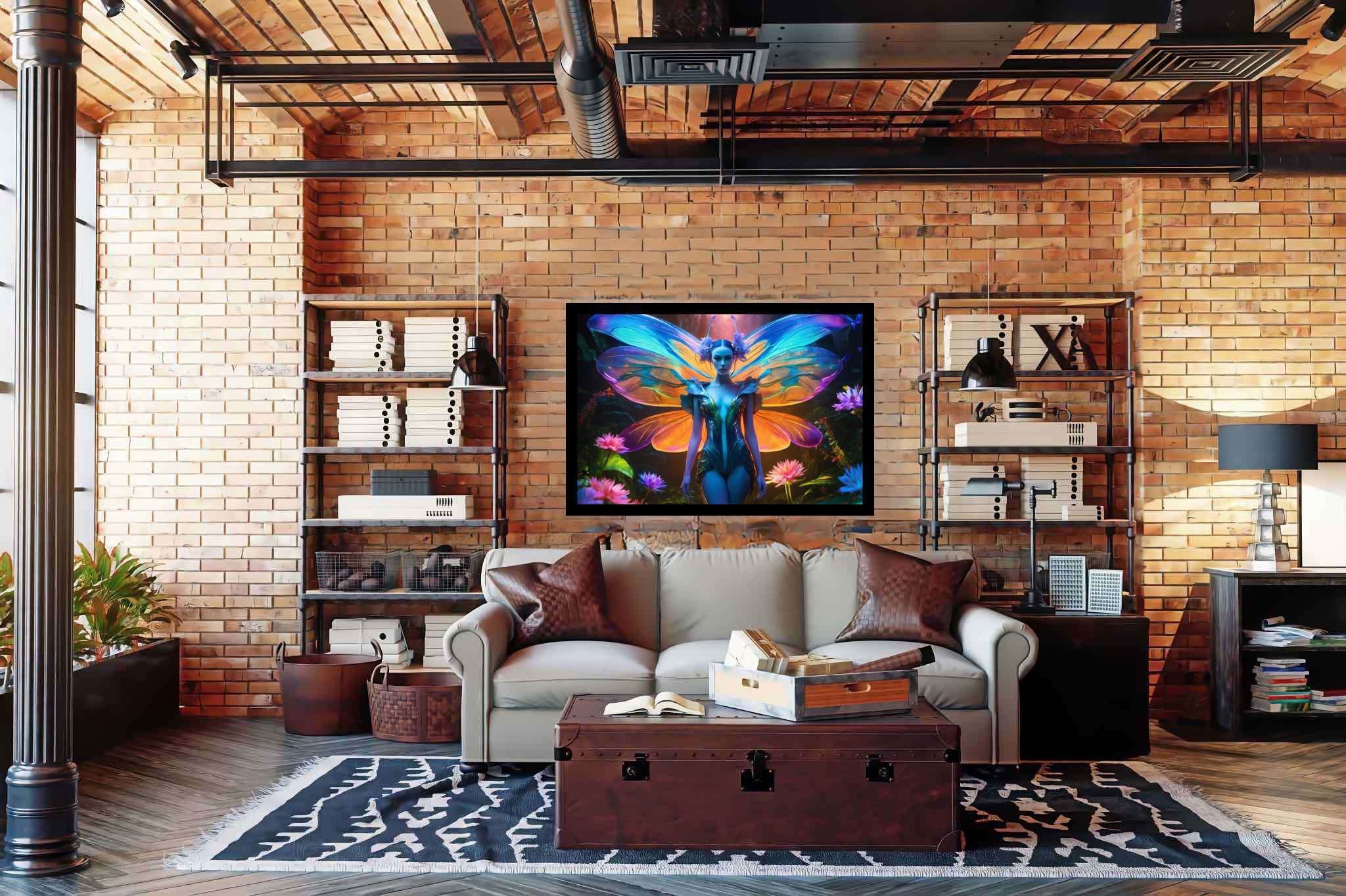 Butterfly enchantress in bloom: Surreal art with subconscious exploration, in a room with contemporary flair, wall hangings, and stylish accessories. The art can be printed on poster, framed poster, canvas, metal, acrylic or wood, exclusively at WallArtZen. Find this exact print at https://wallartzen.com/waz192