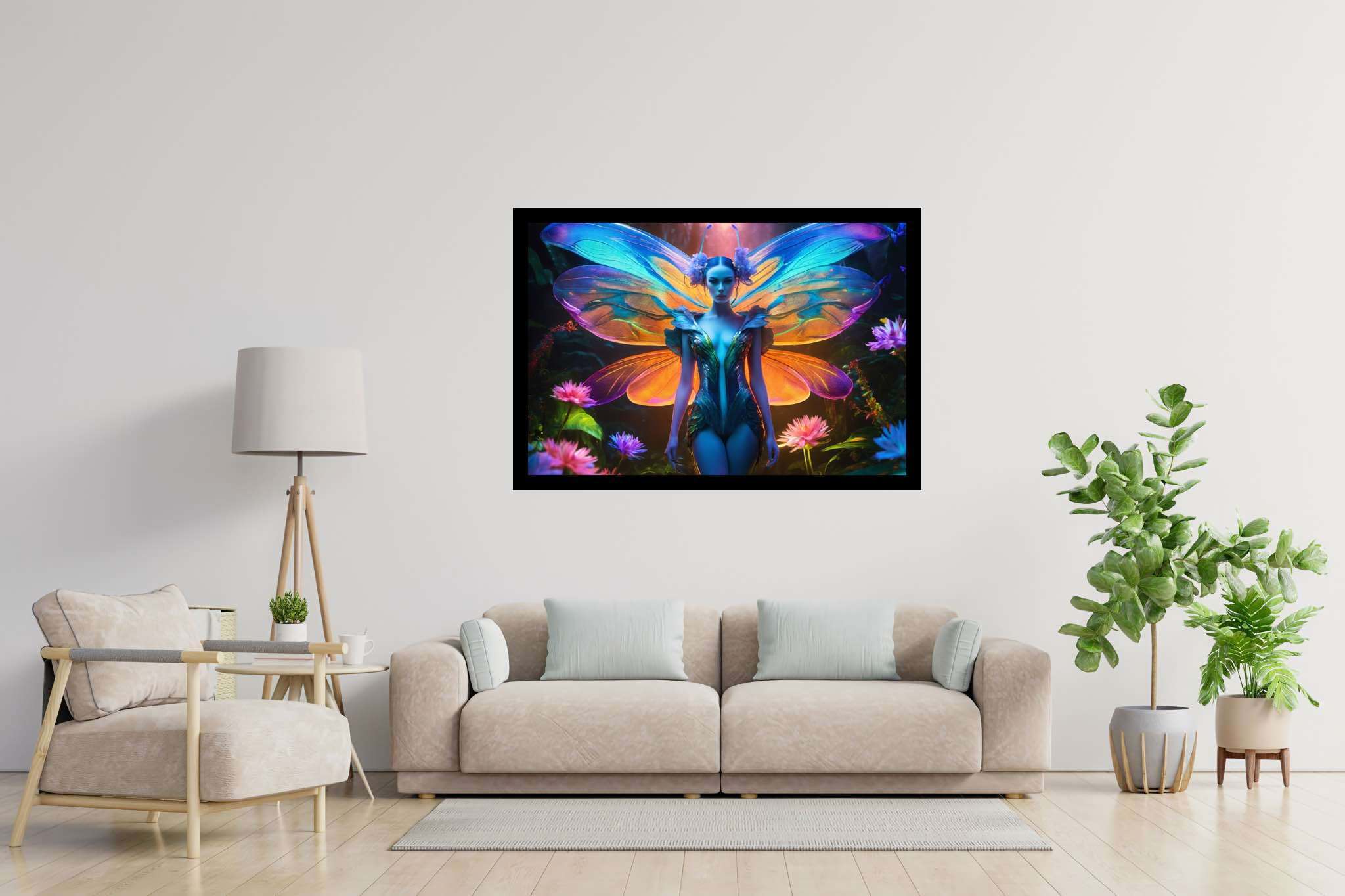 Butterfly enchantress in bloom: Surreal art with fantastical creations, in a room with contemporary flair, mural artworks, and stylish accessories. The art can be printed on poster, framed poster, canvas, metal, acrylic or wood, exclusively at WallArtZen. Find this exact print at https://wallartzen.com/waz192