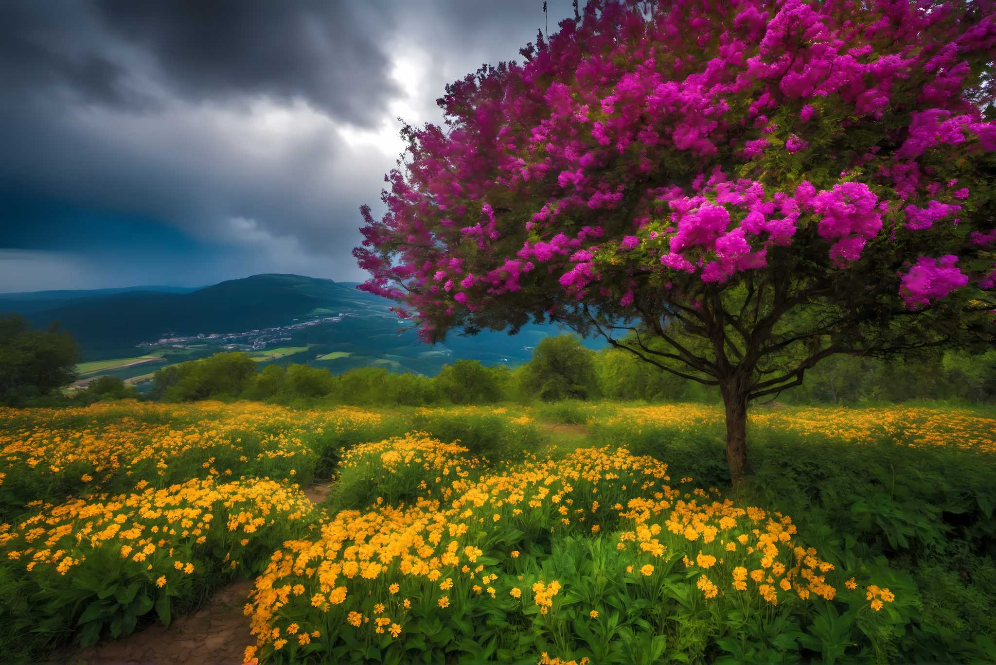 Spectrum of serenity: Lively landscape art with energetic landscapes, in a room with modern style, framed art, and decorative pieces. The art can be printed on poster, framed poster, canvas, metal, acrylic or wood, exclusively at WallArtZen. Find this exact print at https://wallartzen.com/waz193