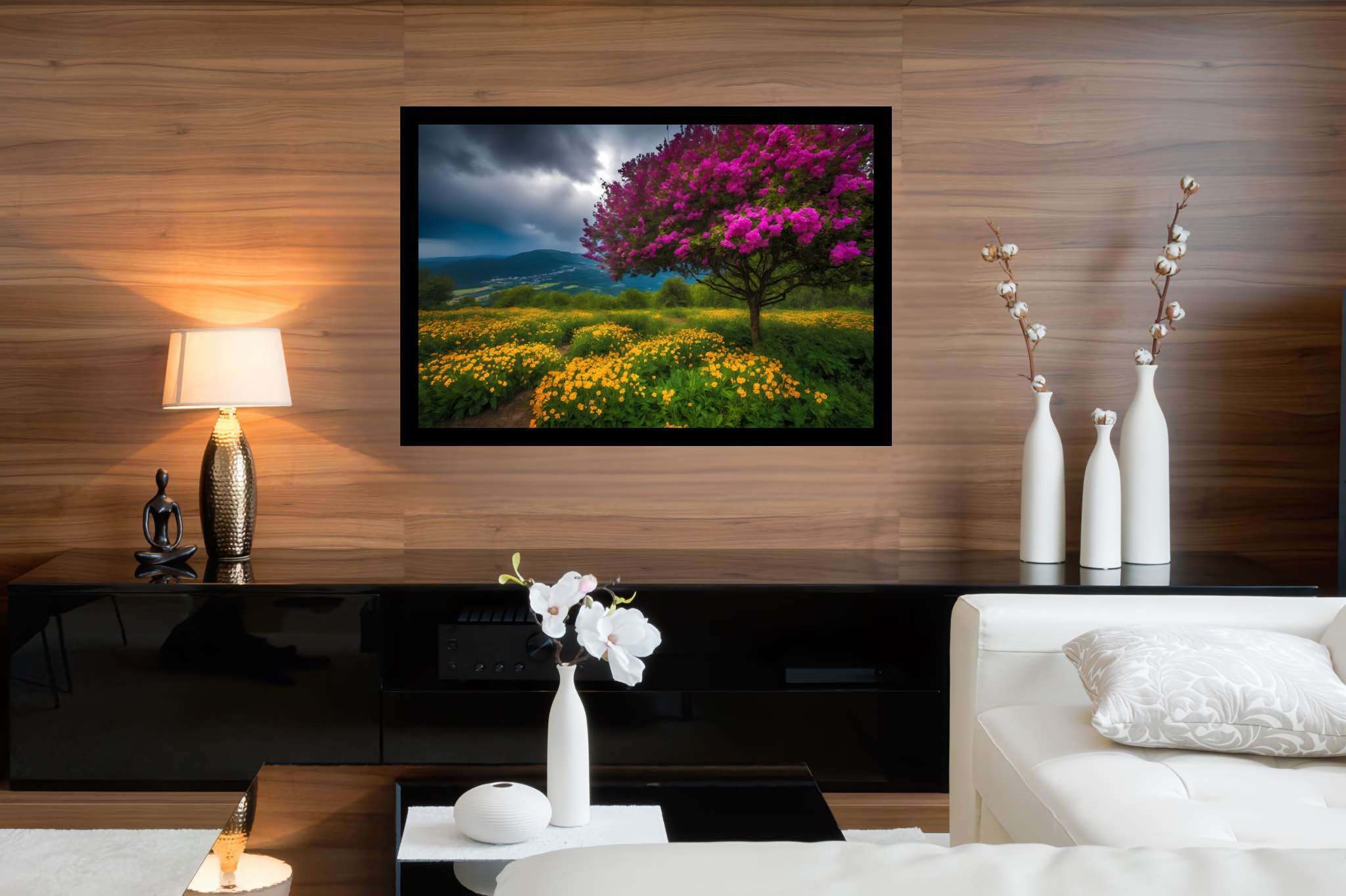 Spectrum of serenity: Lively landscape art with vivid outdoor scenes, in a room with chic decor, gallery-quality artwork, and designer furniture. The art can be printed on poster, framed poster, canvas, metal, acrylic or wood, exclusively at WallArtZen. Find this exact print at https://wallartzen.com/waz193