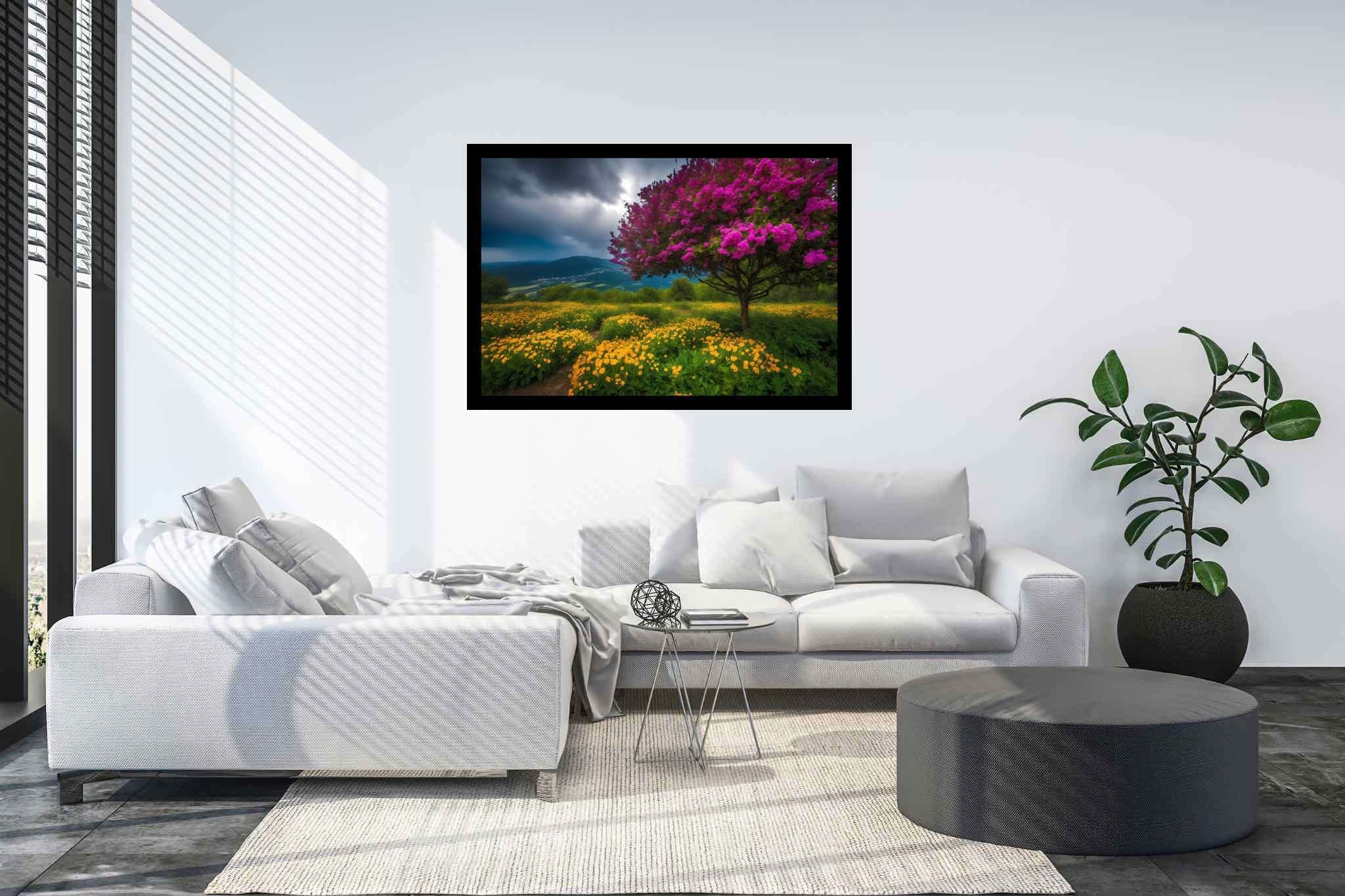 Spectrum of serenity: Lively landscape art with lively landscape painting, in a room with urban design, gallery-quality artwork, and interior decorations. The art can be printed on poster, framed poster, canvas, metal, acrylic or wood, exclusively at WallArtZen. Find this exact print at https://wallartzen.com/waz193