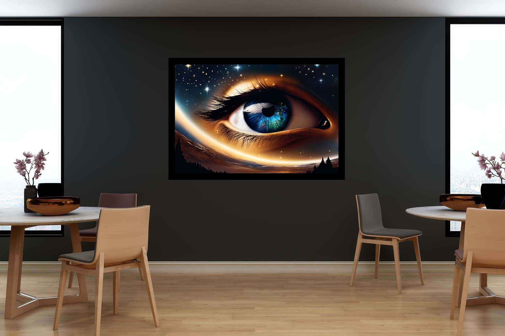 Celestial gaze unveiled: Eye art with optical illusion, in a room with artistic style, canvas prints, and stylish accessories. The art can be printed on poster, framed poster, canvas, metal, acrylic or wood, exclusively at WallArtZen. Find this exact print at https://wallartzen.com/waz194