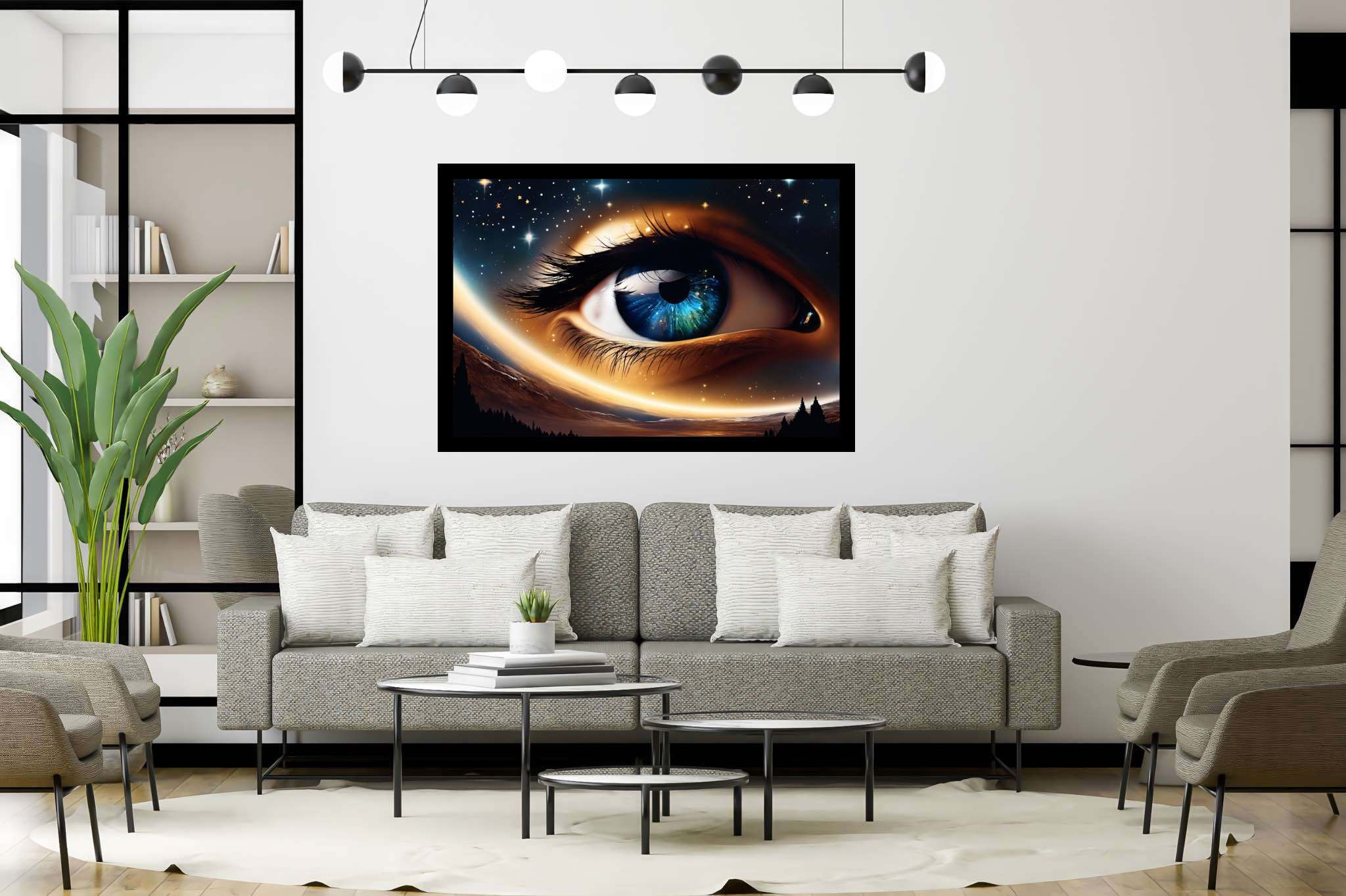 Celestial gaze unveiled: Eye art with creative, in a room with modern style, wall art, and interior decorations. The art can be printed on poster, framed poster, canvas, metal, acrylic or wood, exclusively at WallArtZen. Find this exact print at https://wallartzen.com/waz194