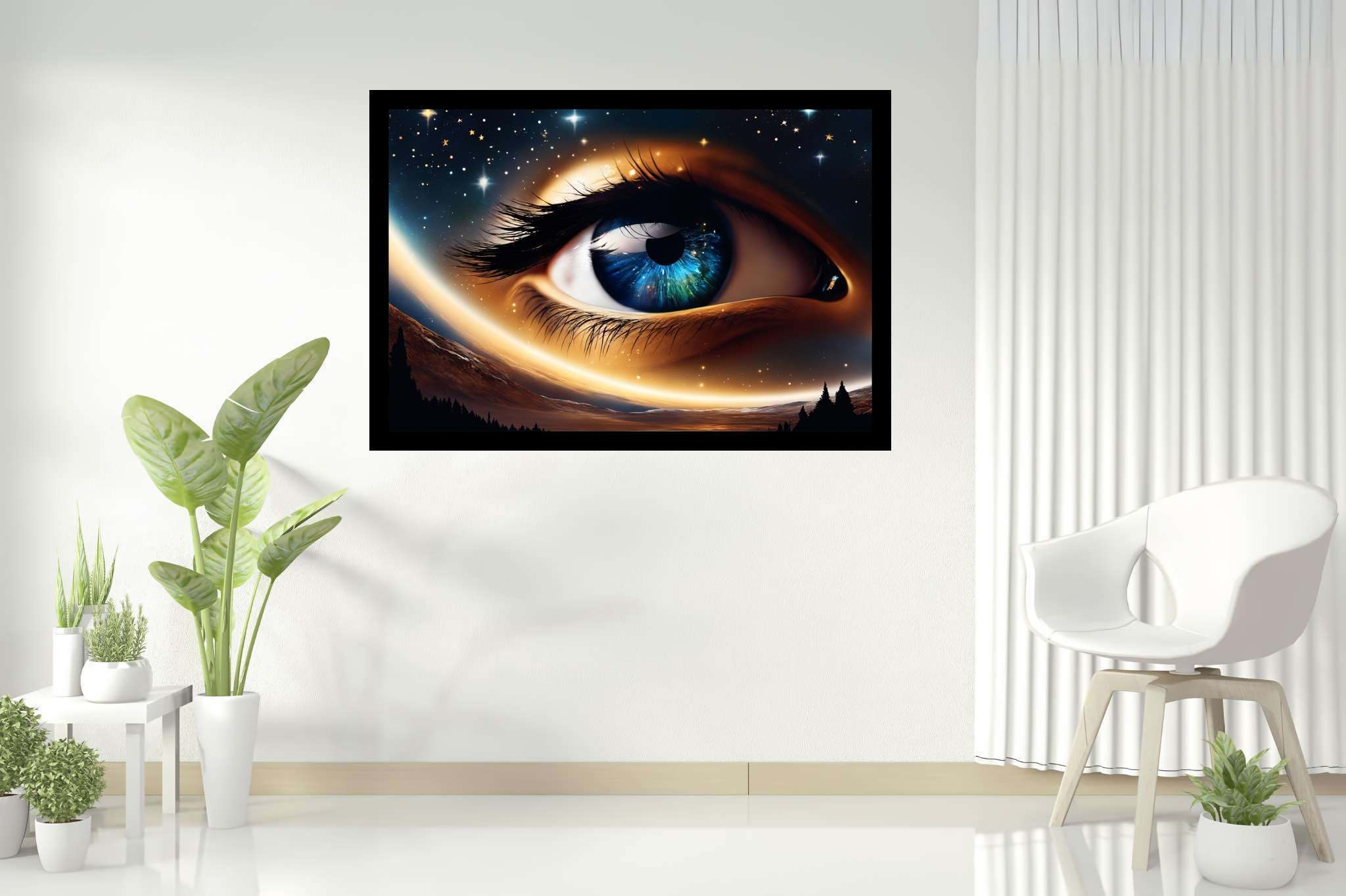 Celestial gaze unveiled: Eye art with optical illusion, in a room with classic elegance, framed art, and home styling items. The art can be printed on poster, framed poster, canvas, metal, acrylic or wood, exclusively at WallArtZen. Find this exact print at https://wallartzen.com/waz194