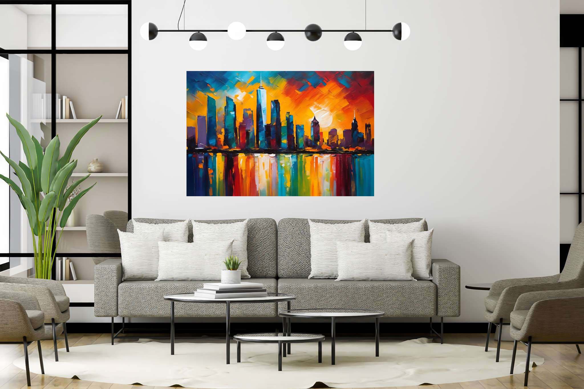 Twilight serenade in chrome: Sunset cityscape art with sunset cityscape art, in a room with artistic style, bespoke art designs, and elegant home goods. The art can be printed on poster, framed poster, canvas, metal, acrylic or wood, exclusively at WallArtZen. Find this exact print at https://wallartzen.com/waz196