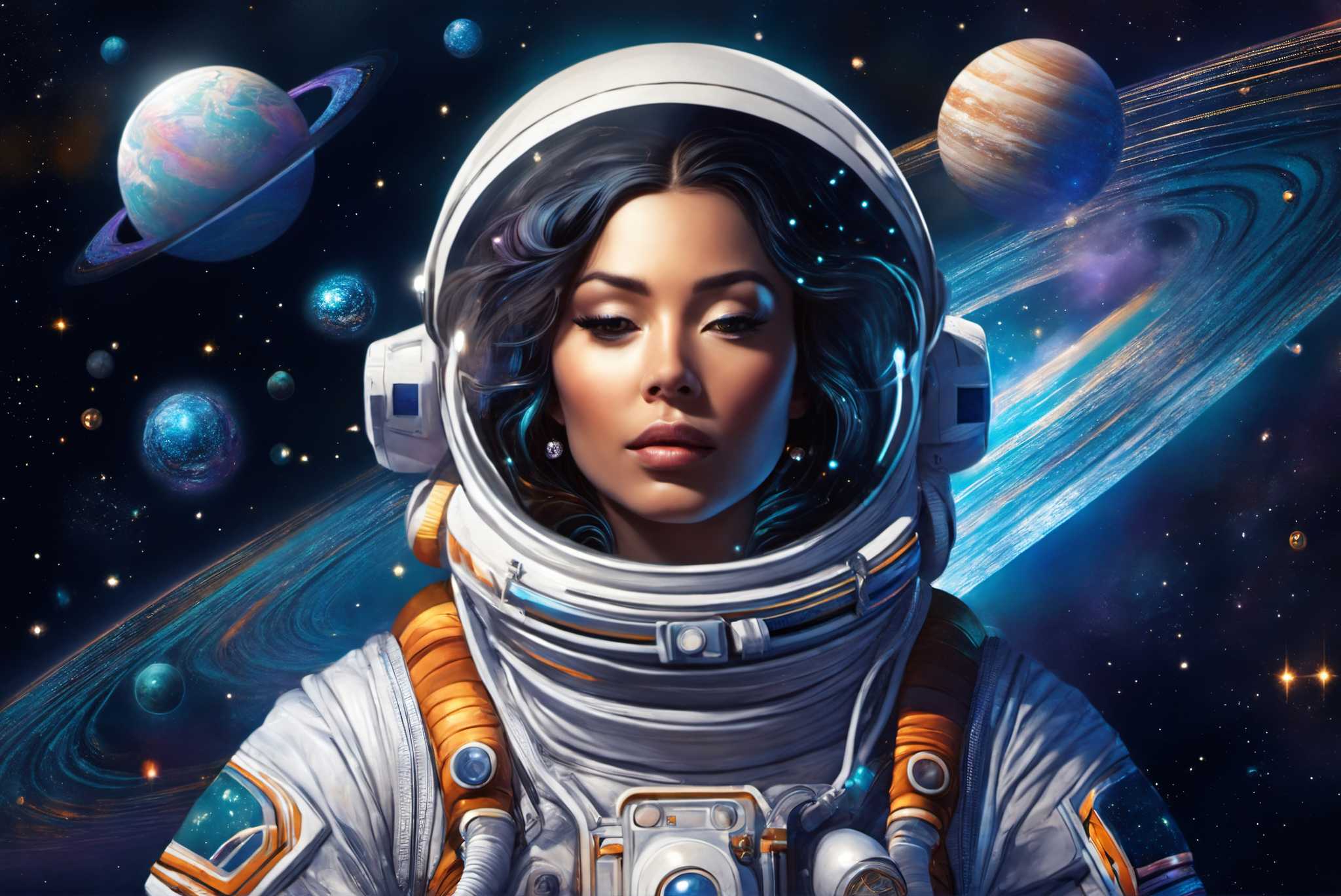 Orbiting opal dreams: Surreal astronaut art with interstellar fantasy, in a room with minimalist approach, abstract paintings, and luxe decor. The art can be printed on poster, framed poster, canvas, metal, acrylic or wood, exclusively at WallArtZen. Find this exact print at https://wallartzen.com/waz197