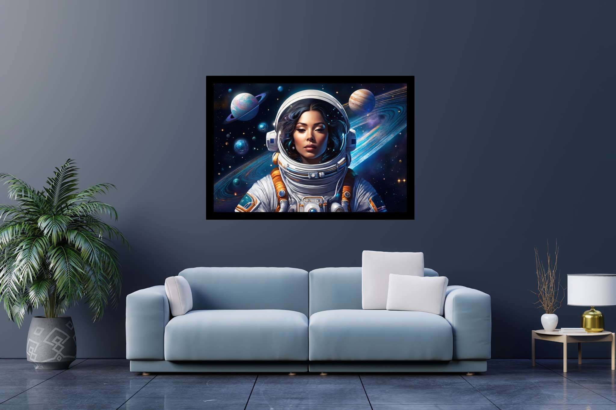 Orbiting opal dreams: Surreal astronaut art with interstellar fantasy, in a room with classic elegance, digital art pieces, and luxe decor. The art can be printed on poster, framed poster, canvas, metal, acrylic or wood, exclusively at WallArtZen. Find this exact print at https://wallartzen.com/waz197