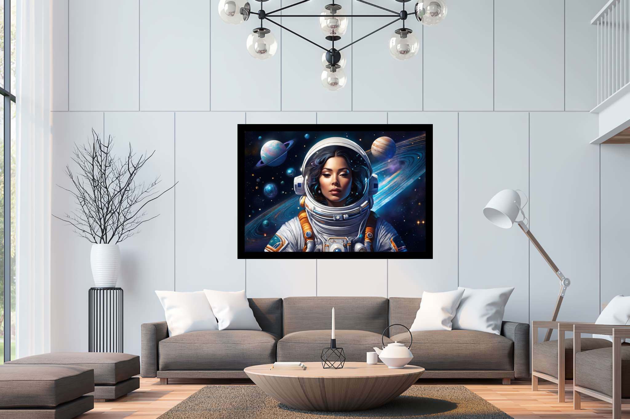 Orbiting opal dreams: Surreal astronaut art with science fiction art, in a room with innovative layout, fine art prints, and home styling items. The art can be printed on poster, framed poster, canvas, metal, acrylic or wood, exclusively at WallArtZen. Find this exact print at https://wallartzen.com/waz197