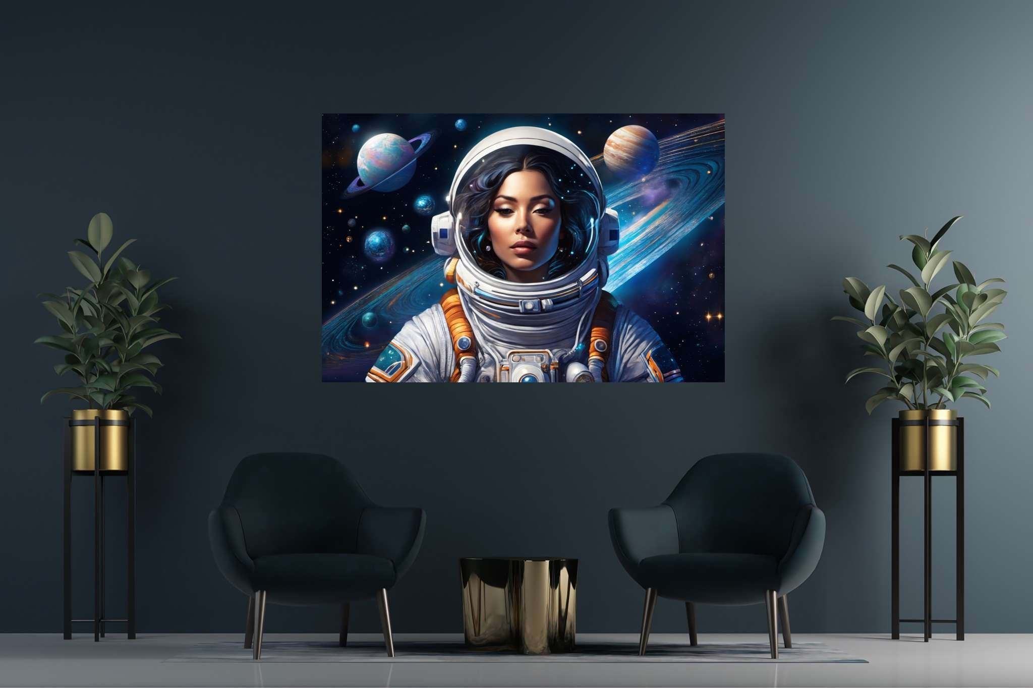Orbiting opal dreams: Surreal astronaut art with extraterrestrial landscapes, in a room with contemporary flair, framed art, and elegant home goods. The art can be printed on poster, framed poster, canvas, metal, acrylic or wood, exclusively at WallArtZen. Find this exact print at https://wallartzen.com/waz197