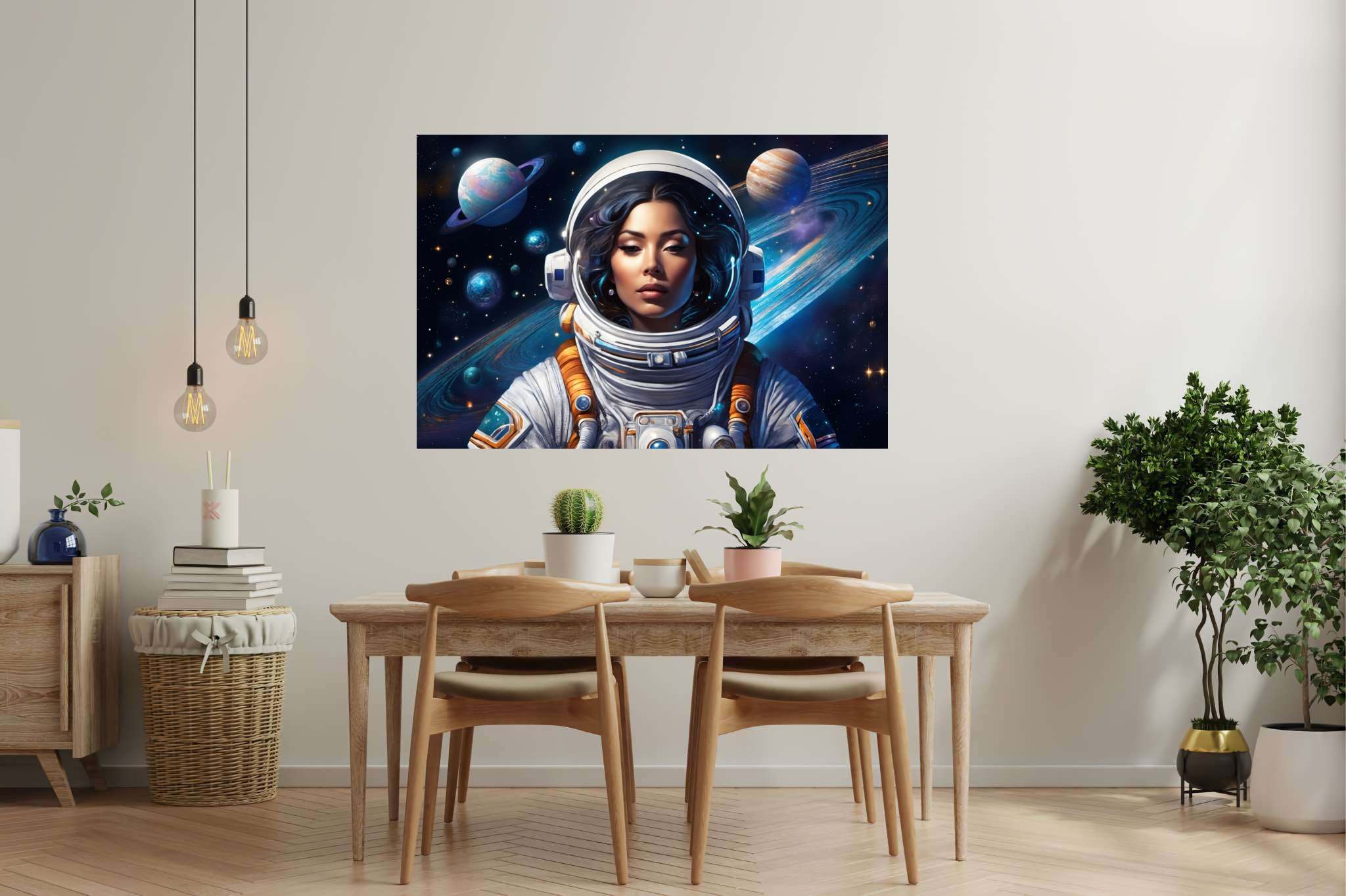 Orbiting opal dreams: Surreal astronaut art with surreal astronaut art, in a room with modern style, canvas prints, and luxe decor. The art can be printed on poster, framed poster, canvas, metal, acrylic or wood, exclusively at WallArtZen. Find this exact print at https://wallartzen.com/waz197