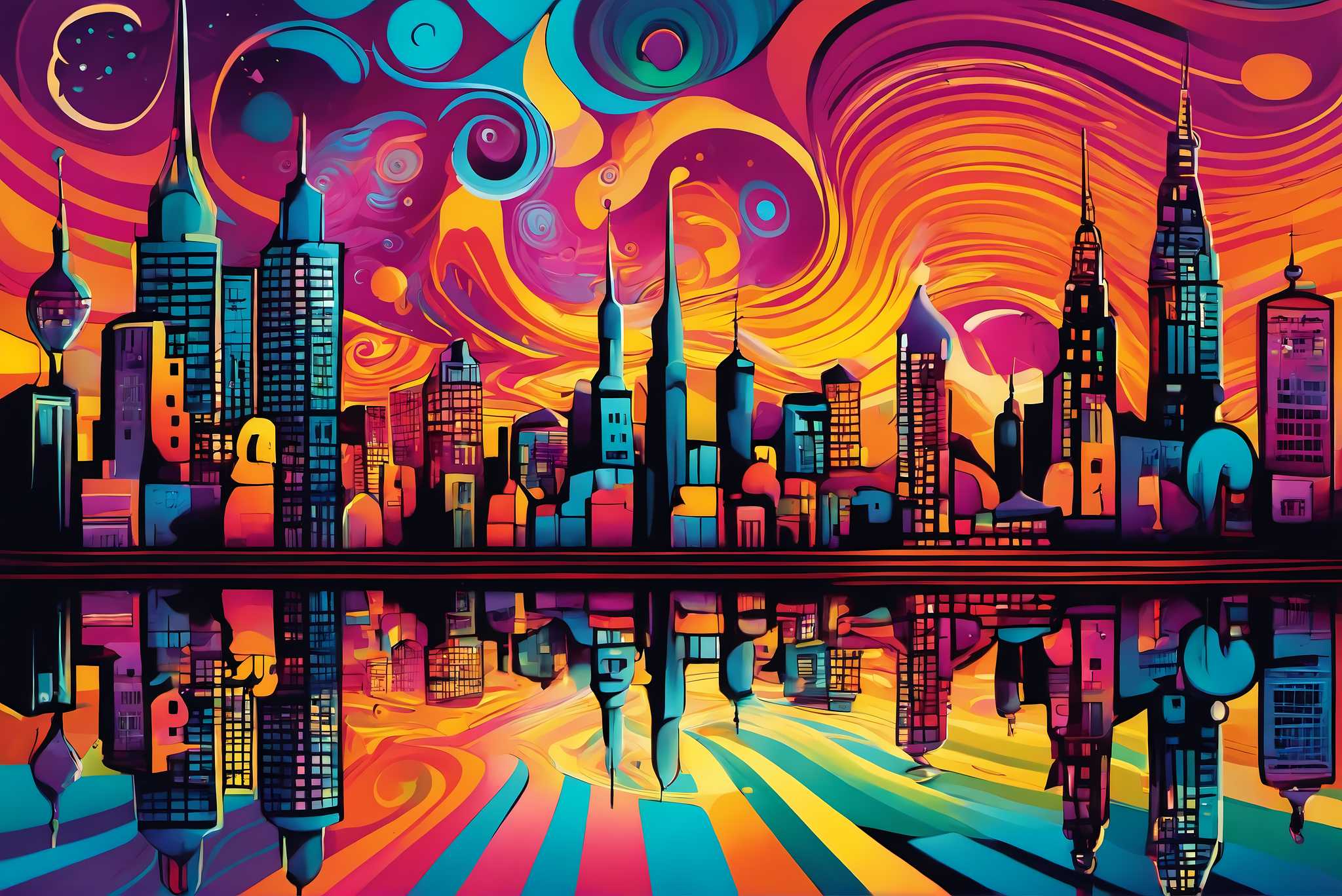 Dusk's chromatic ballet: Sunset cityscape art with urban landscape painting, in a room with chic decor, wall art, and designer furniture. The art can be printed on poster, framed poster, canvas, metal, acrylic or wood, exclusively at WallArtZen. Find this exact print at https://wallartzen.com/waz198