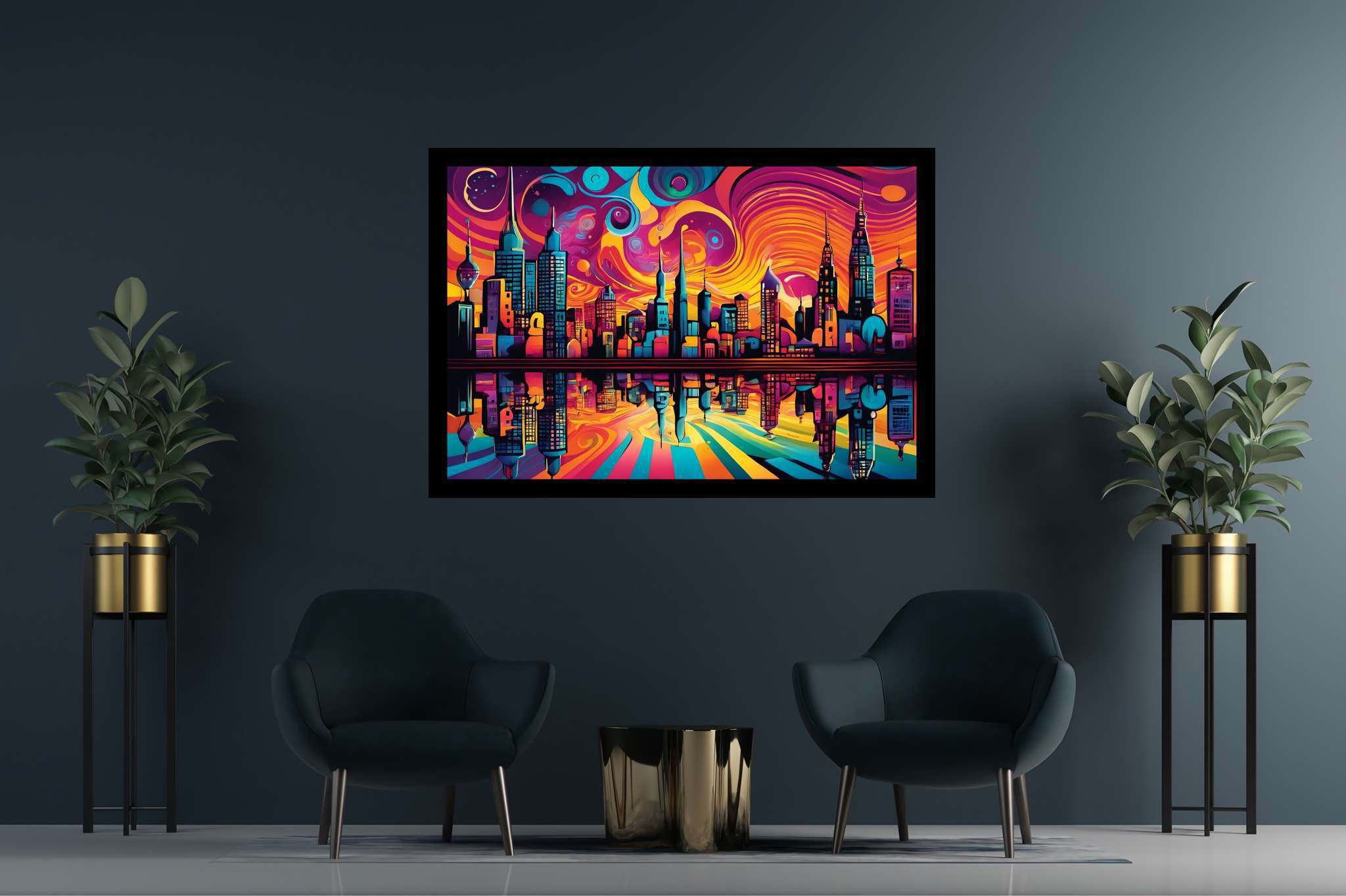 Dusk's chromatic ballet: Sunset cityscape art with contemporary city art, in a room with innovative layout, wall hangings, and home styling items. The art can be printed on poster, framed poster, canvas, metal, acrylic or wood, exclusively at WallArtZen. Find this exact print at https://wallartzen.com/waz198