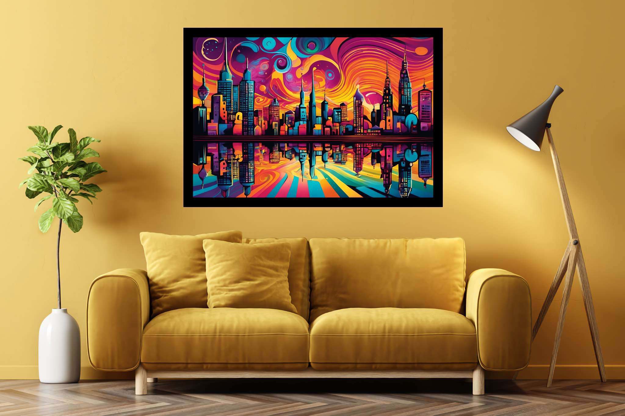 Dusk's chromatic ballet: Sunset cityscape art with cityscape canvas, in a room with urban design, mural artworks, and trendy home accents. The art can be printed on poster, framed poster, canvas, metal, acrylic or wood, exclusively at WallArtZen. Find this exact print at https://wallartzen.com/waz198