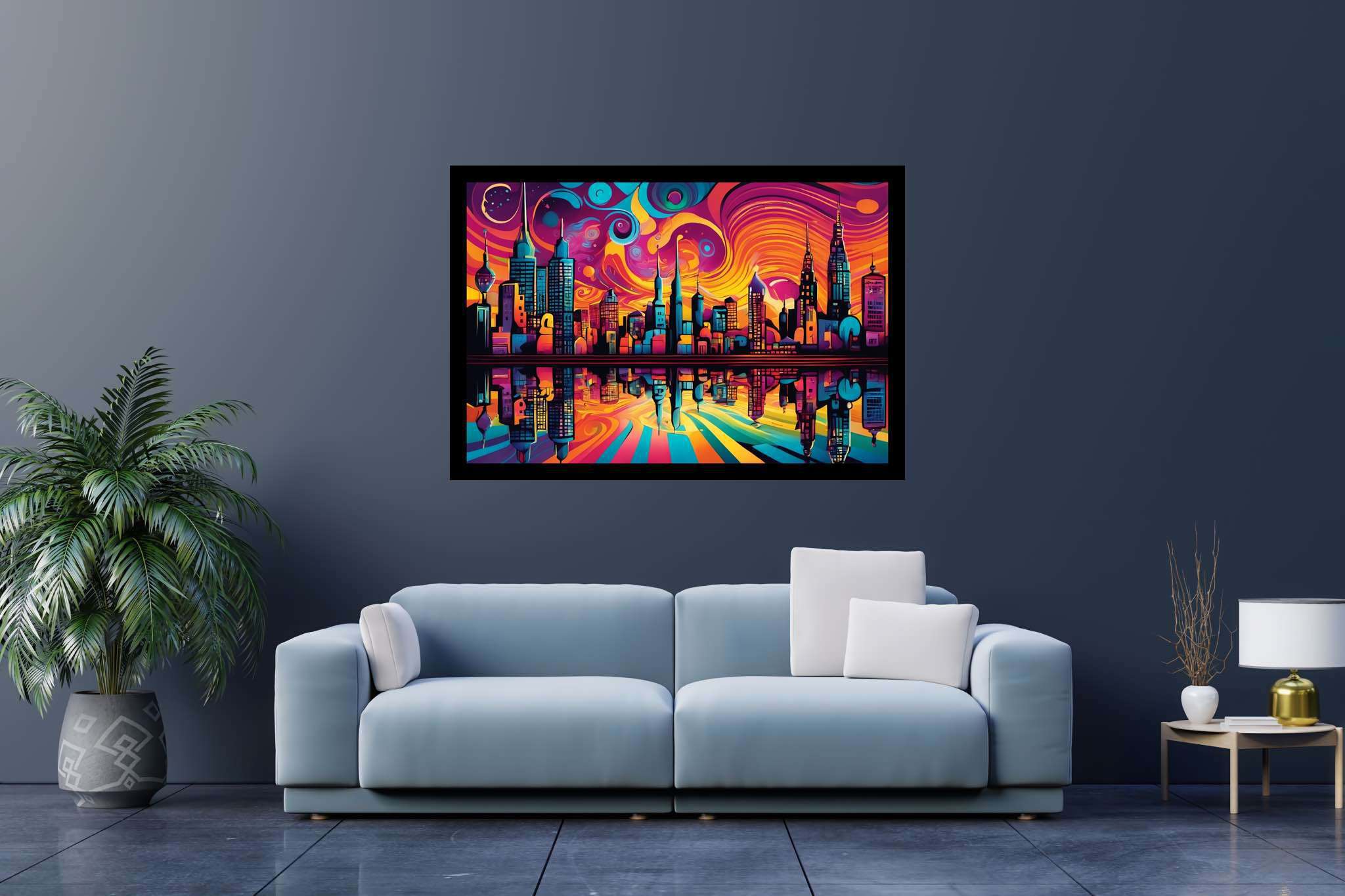 Dusk's chromatic ballet: Sunset cityscape art with cityscape canvas, in a room with elegant layout, digital art pieces, and luxe decor. The art can be printed on poster, framed poster, canvas, metal, acrylic or wood, exclusively at WallArtZen. Find this exact print at https://wallartzen.com/waz198