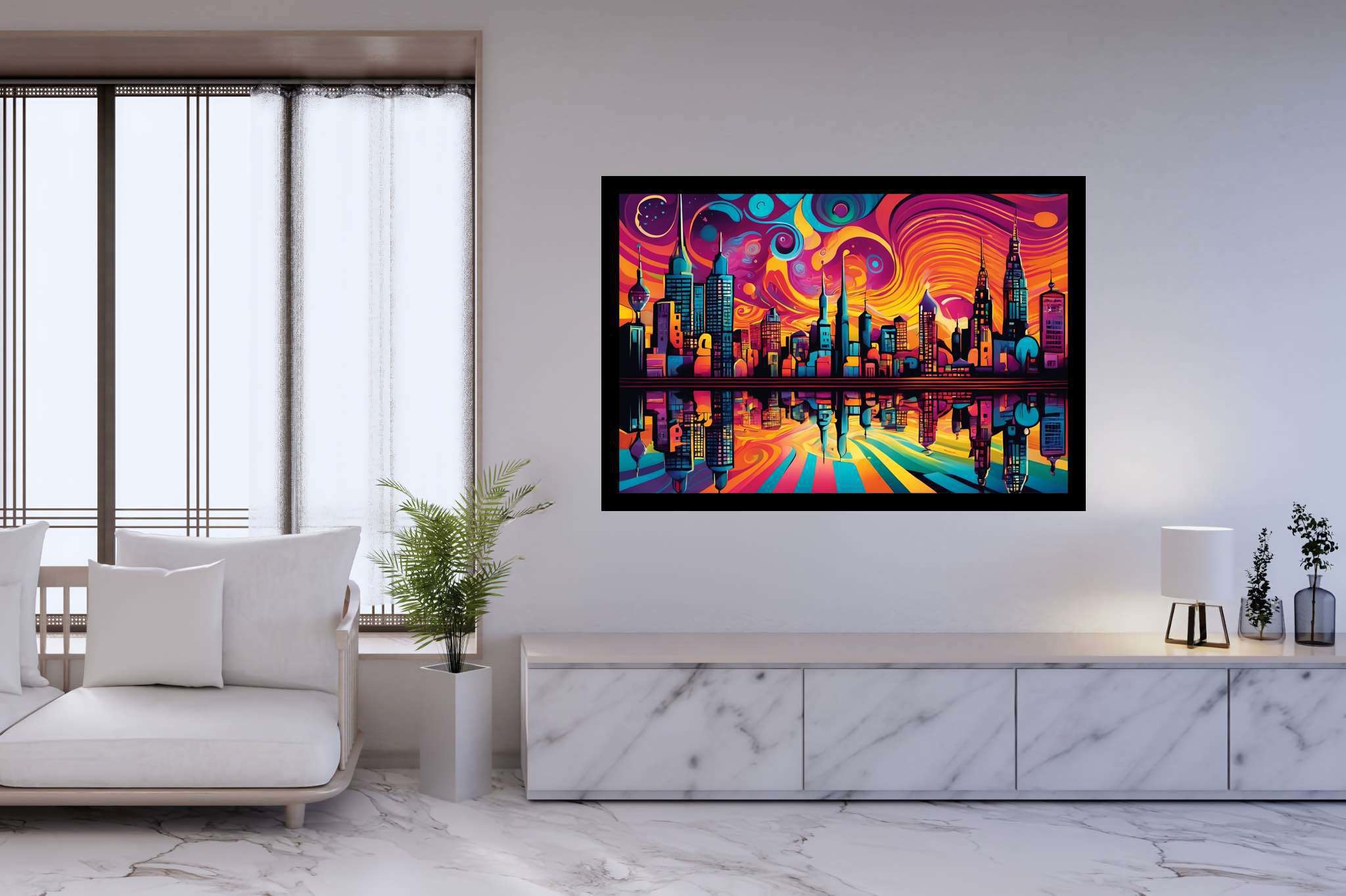 Dusk's chromatic ballet: Sunset cityscape art with contemporary city art, in a room with chic decor, wall art, and interior decorations. The art can be printed on poster, framed poster, canvas, metal, acrylic or wood, exclusively at WallArtZen. Find this exact print at https://wallartzen.com/waz198