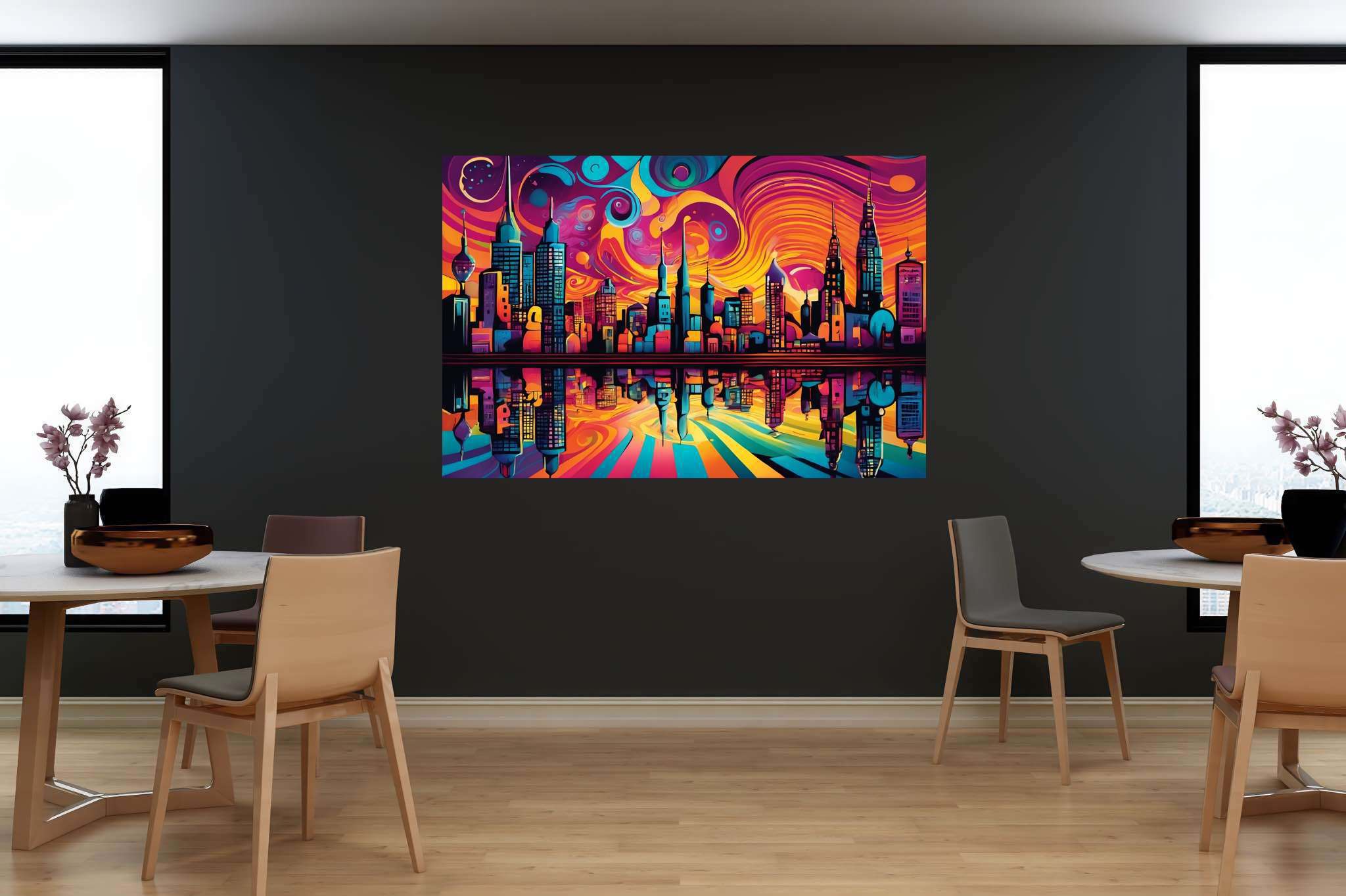 Dusk's chromatic ballet: Sunset cityscape art with cityscape artwork, in a room with urban design, digital art pieces, and home styling items. The art can be printed on poster, framed poster, canvas, metal, acrylic or wood, exclusively at WallArtZen. Find this exact print at https://wallartzen.com/waz198
