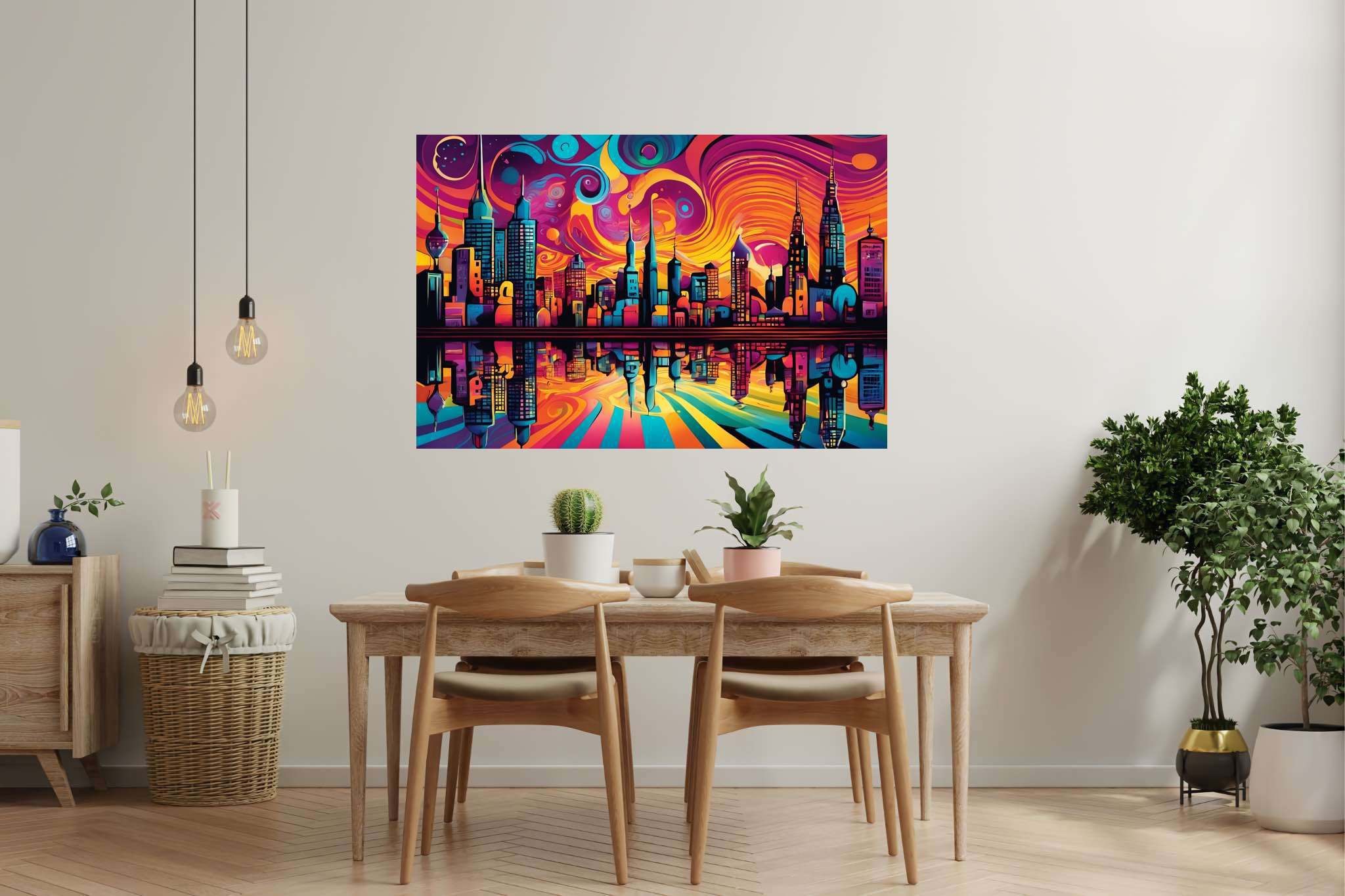 Dusk's chromatic ballet: Sunset cityscape art with cityscape silhouette, in a room with elegant layout, bespoke art designs, and elegant home goods. The art can be printed on poster, framed poster, canvas, metal, acrylic or wood, exclusively at WallArtZen. Find this exact print at https://wallartzen.com/waz198