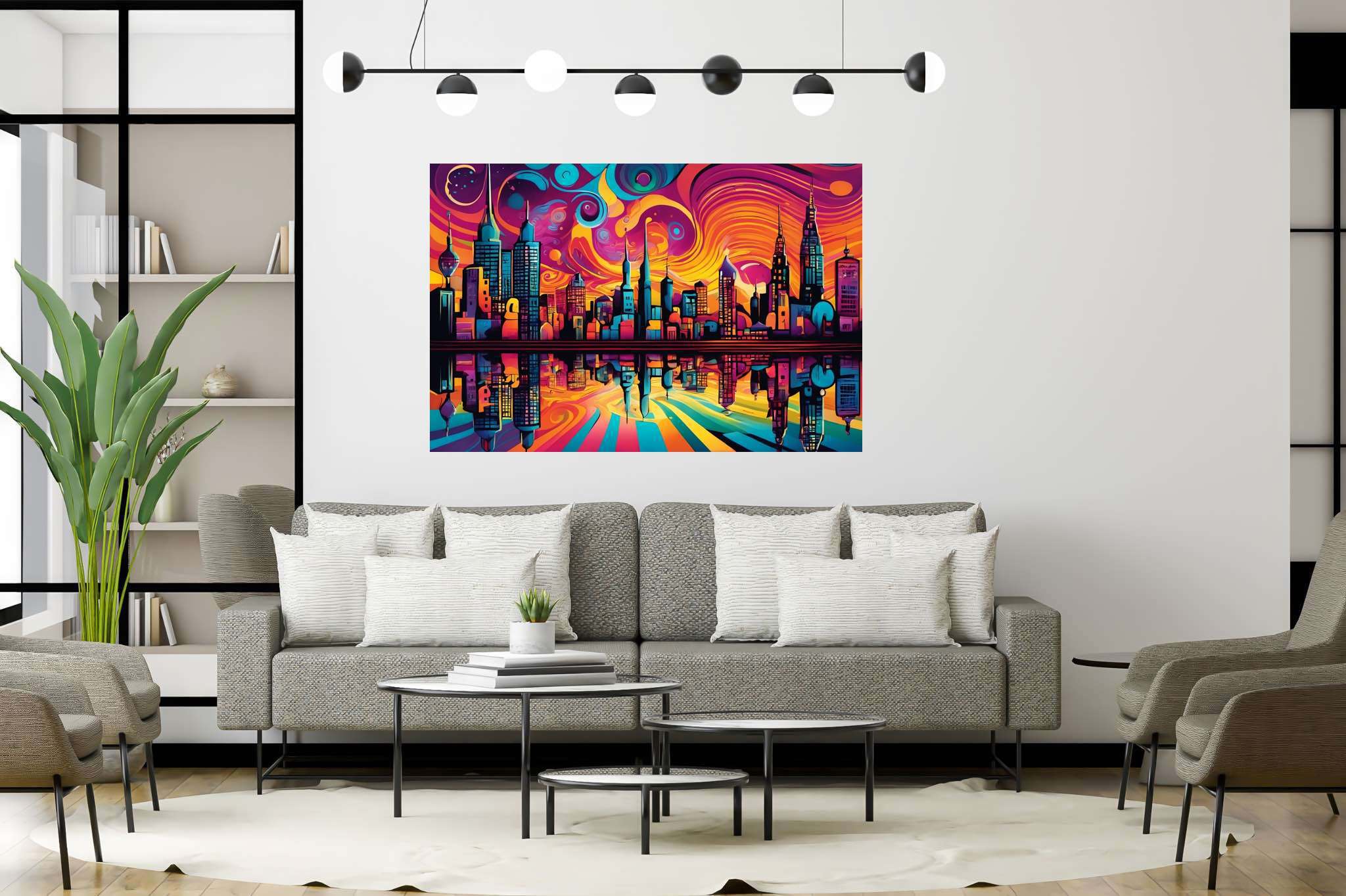 Dusk's chromatic ballet: Sunset cityscape art with cityscape wall art, in a room with artistic style, mural artworks, and elegant home goods. The art can be printed on poster, framed poster, canvas, metal, acrylic or wood, exclusively at WallArtZen. Find this exact print at https://wallartzen.com/waz198