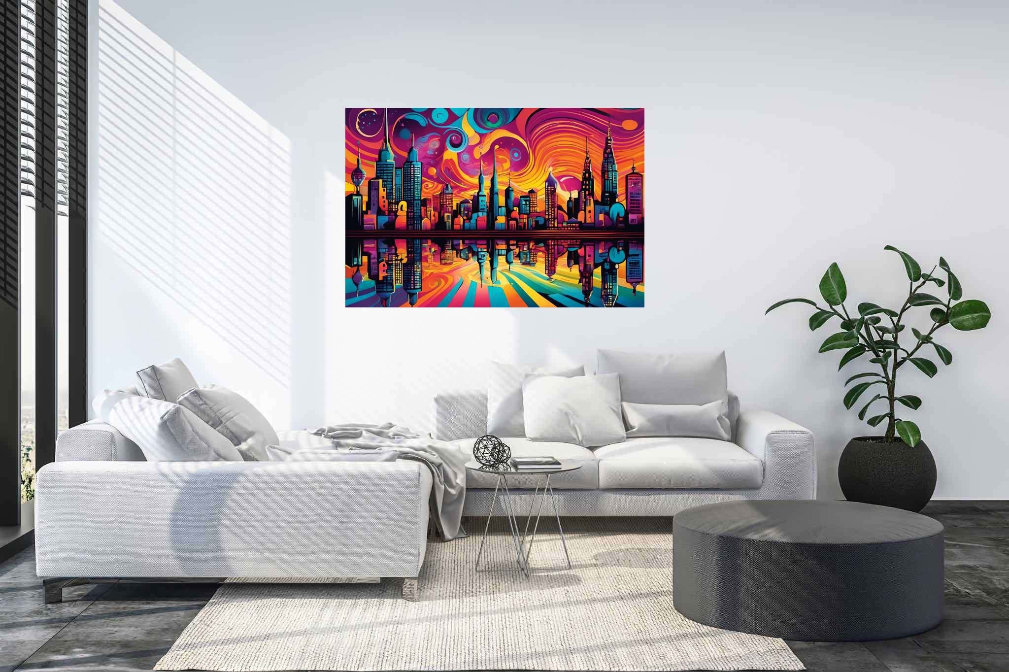 Dusk's chromatic ballet: Sunset cityscape art with cityscape canvas, in a room with contemporary flair, bespoke art designs, and trendy home accents. The art can be printed on poster, framed poster, canvas, metal, acrylic or wood, exclusively at WallArtZen. Find this exact print at https://wallartzen.com/waz198