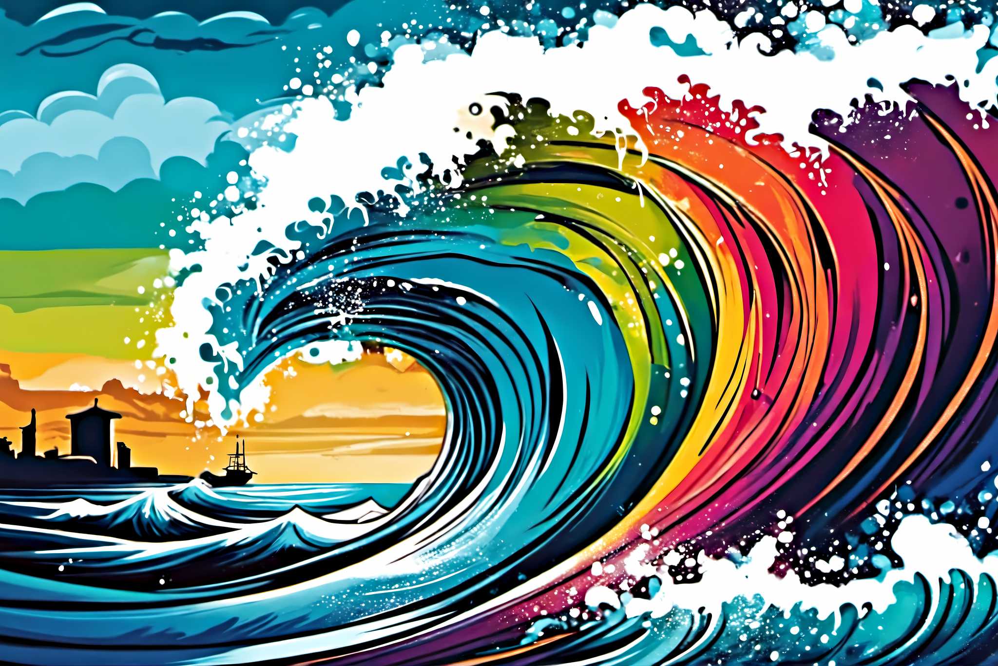 Ocean's labyrinthine dreams: Surreal wave art with fantastical oceanic artwork, in a room with urban design, fine art prints, and interior decorations. The art can be printed on poster, framed poster, canvas, metal, acrylic or wood, exclusively at WallArtZen. Find this exact print at https://wallartzen.com/waz199