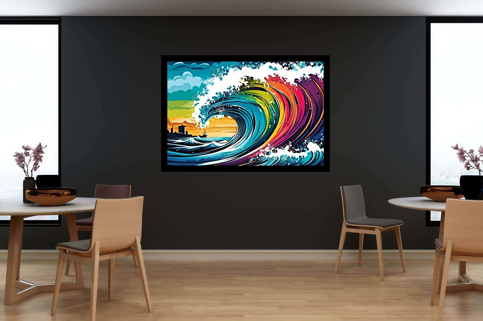 Ocean's labyrinthine dreams: Surreal wave art with whimsical wave art, in a room with elegant layout, fine art prints, and trendy home accents. The art can be printed on poster, framed poster, canvas, metal, acrylic or wood, exclusively at WallArtZen. Find this exact print at https://wallartzen.com/waz199