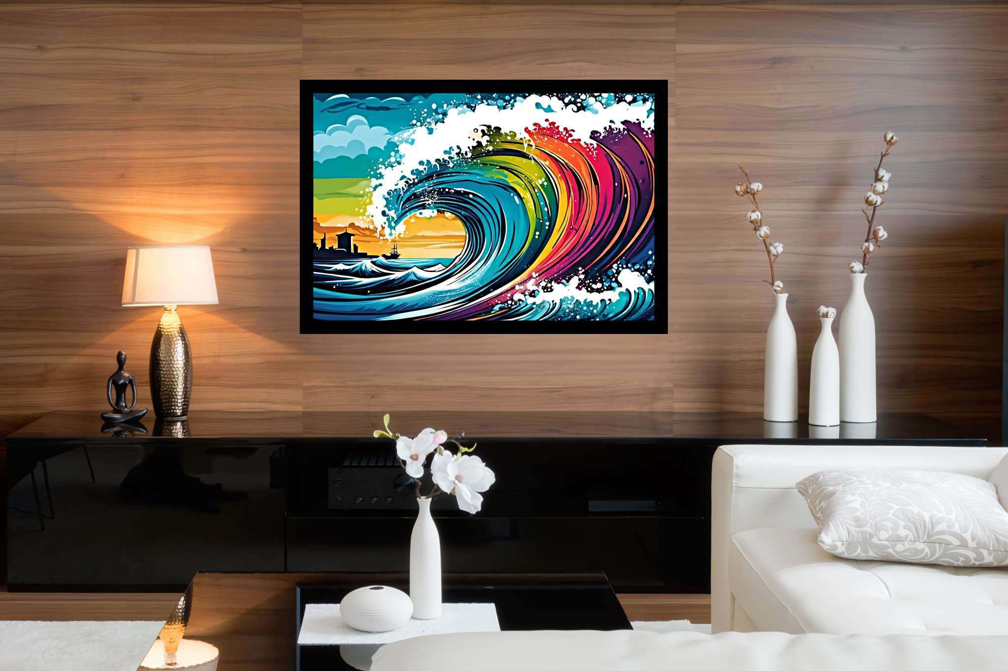 Ocean's labyrinthine dreams: Surreal wave art with fantastical oceanic artwork, in a room with elegant layout, fine art prints, and luxe decor. The art can be printed on poster, framed poster, canvas, metal, acrylic or wood, exclusively at WallArtZen. Find this exact print at https://wallartzen.com/waz199