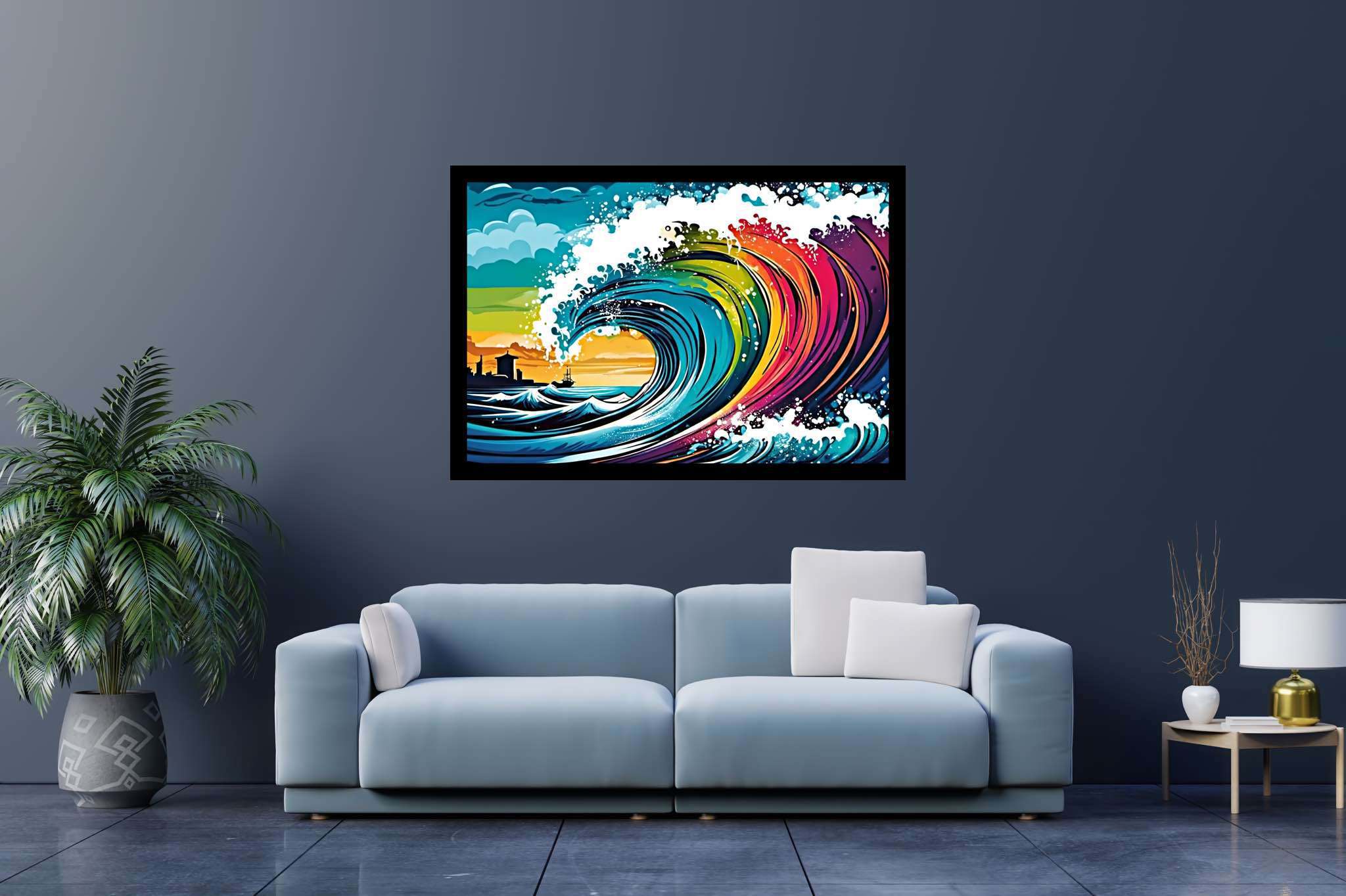 Ocean's labyrinthine dreams: Surreal wave art with surreal wave art, in a room with modern style, digital art pieces, and designer furniture. The art can be printed on poster, framed poster, canvas, metal, acrylic or wood, exclusively at WallArtZen. Find this exact print at https://wallartzen.com/waz199