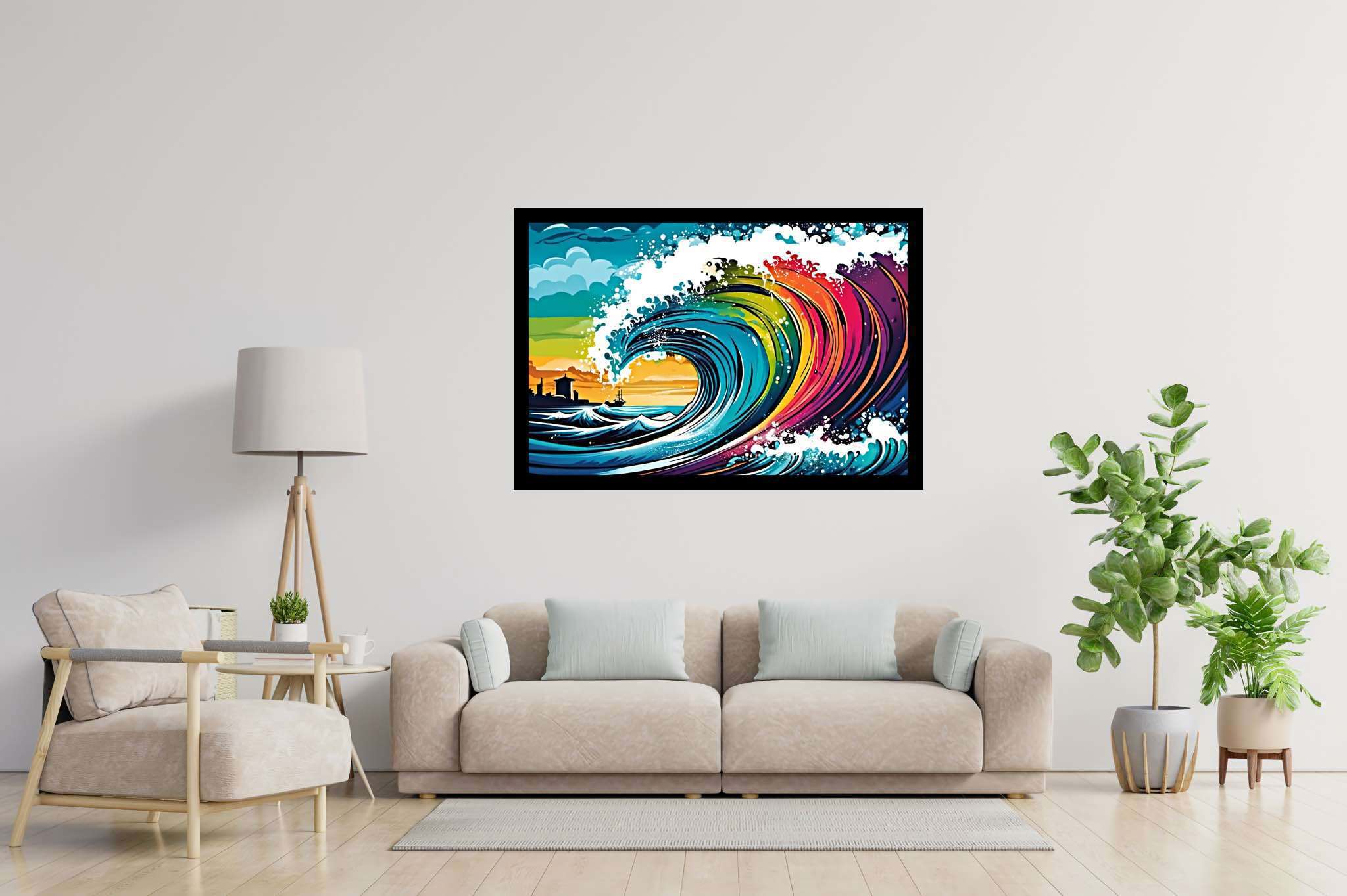Ocean's labyrinthine dreams: Surreal wave art with otherworldly water art, in a room with contemporary flair, fine art prints, and trendy home accents. The art can be printed on poster, framed poster, canvas, metal, acrylic or wood, exclusively at WallArtZen. Find this exact print at https://wallartzen.com/waz199