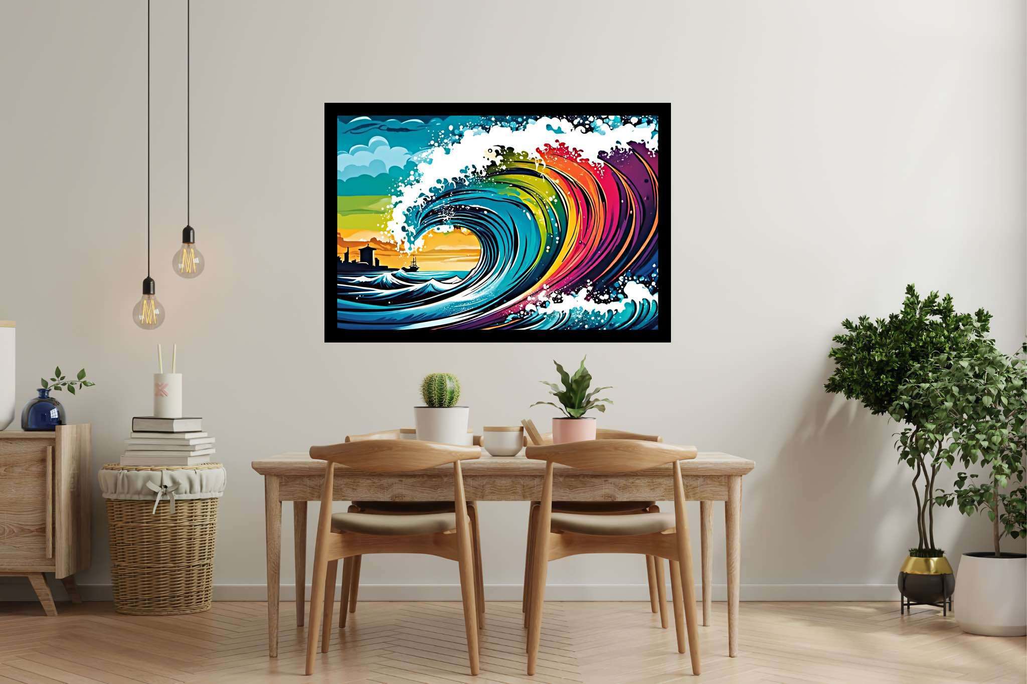 Ocean's labyrinthine dreams: Surreal wave art with dreamlike ocean paintings, in a room with innovative layout, digital art pieces, and interior decorations. The art can be printed on poster, framed poster, canvas, metal, acrylic or wood, exclusively at WallArtZen. Find this exact print at https://wallartzen.com/waz199